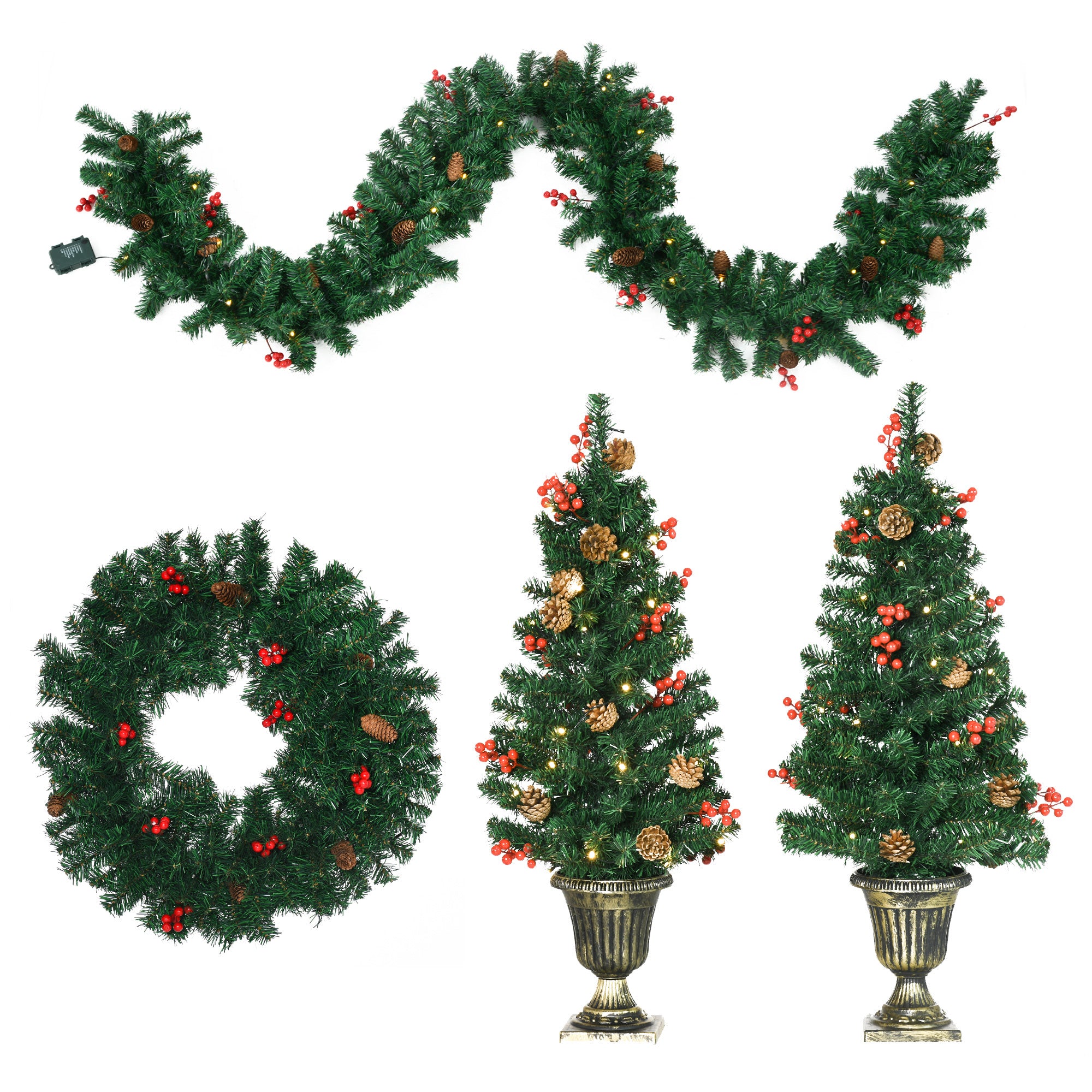 HOMCOM Prelit Holiday Christmas 4-Piece Set, Garland Wreath and Set of 2 Entrance Trees with Warm White LED Lights, Red Berries, Pine Cones, Green
