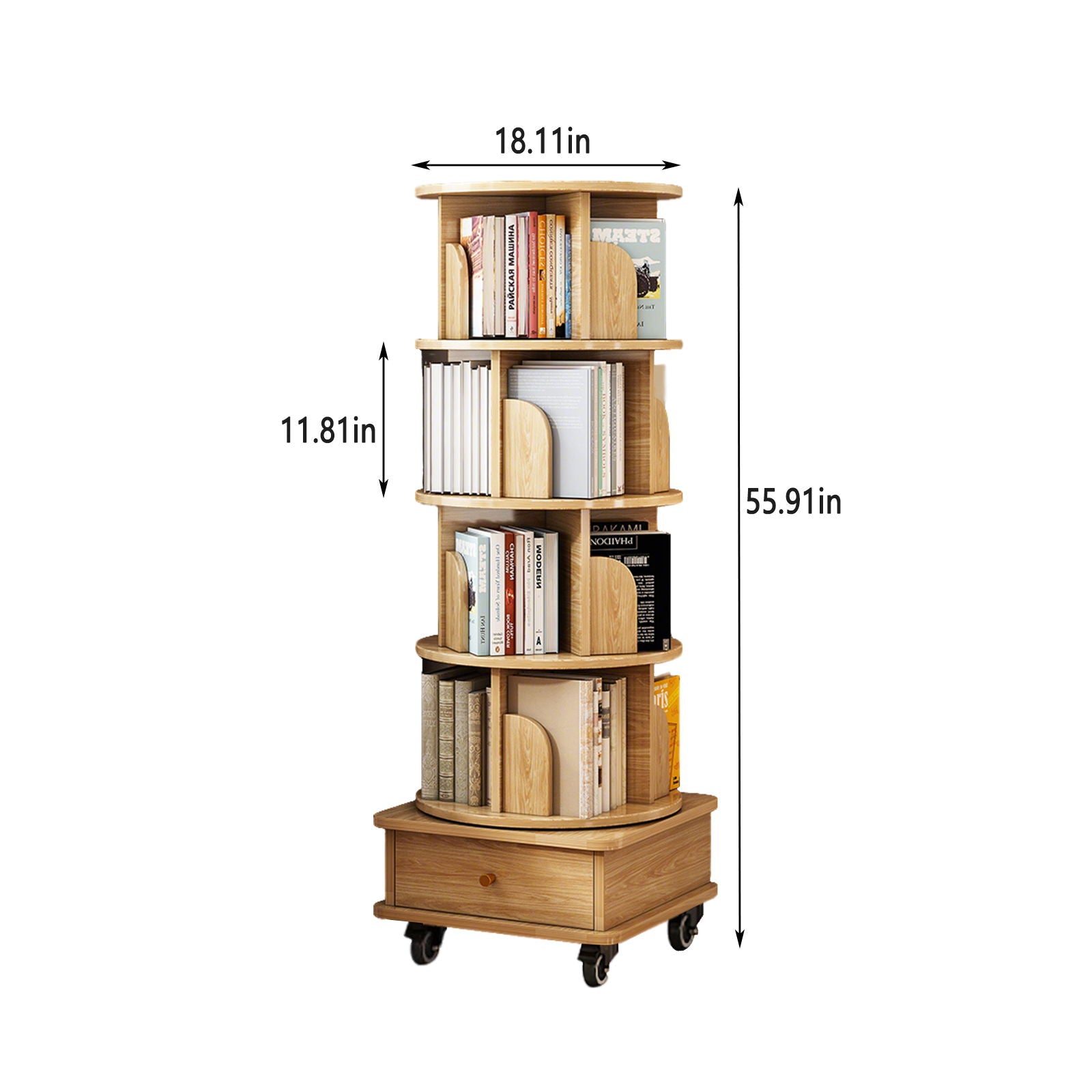 Rotating Bookshelf With Wheels And Drawer, 360° Spinning Design, Space Saving Storage