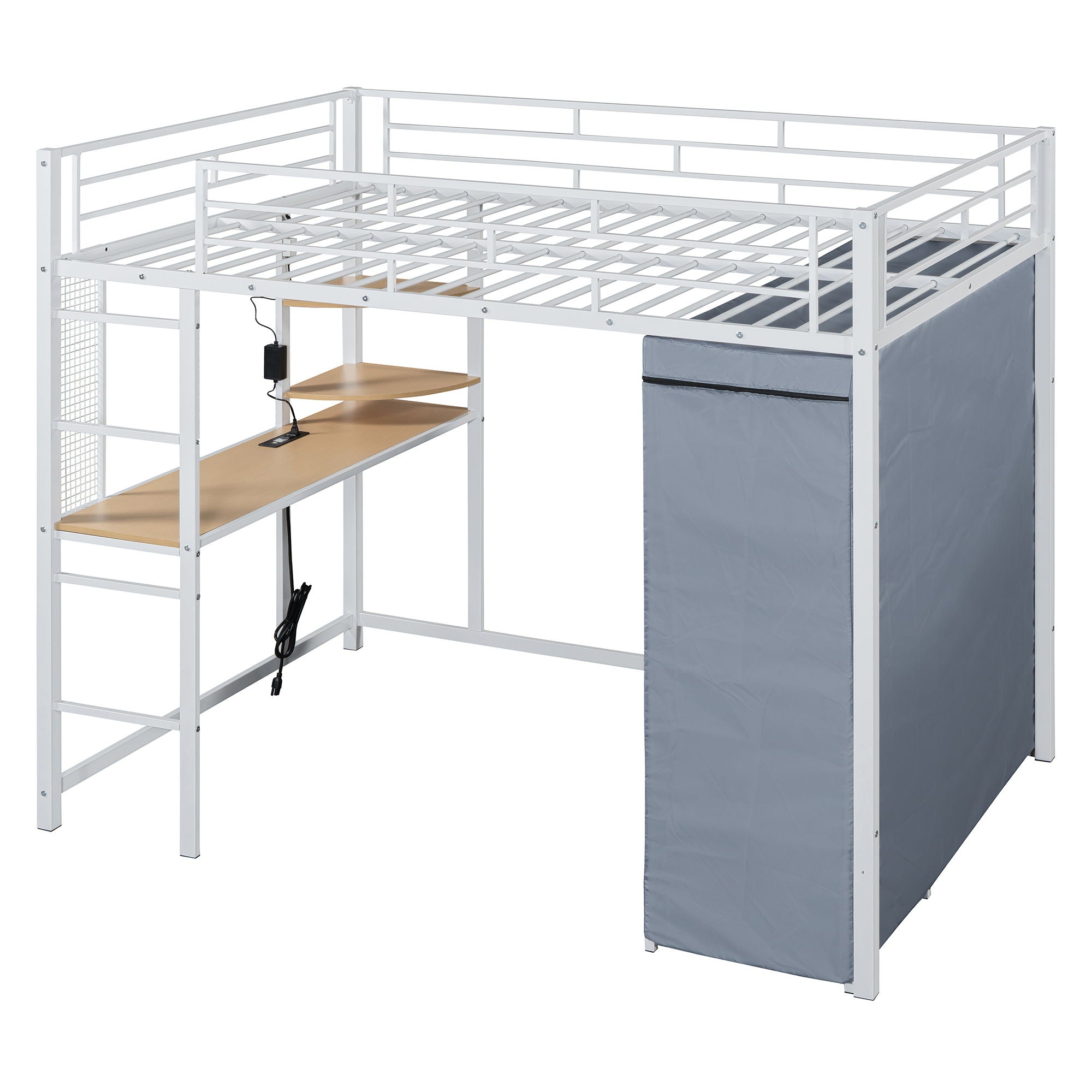 Full Size Loft Bed With Desk, Shelves, Power Outlet, LED Light And Wardrobe - White
