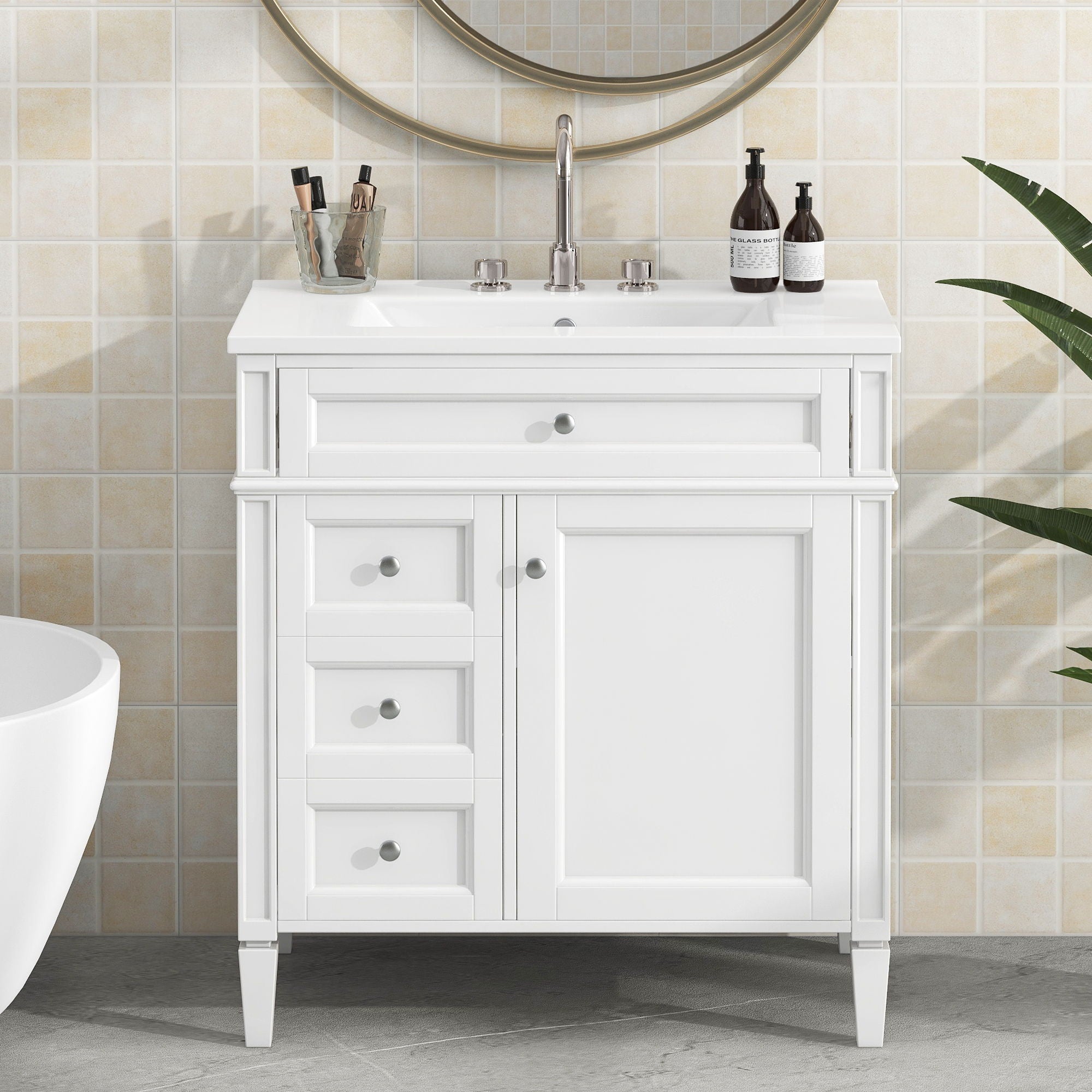Bathroom Vanity With Top Sink, Modern Bathroom Storage Cabinet With 2 Drawers And A Tip-Out Drawer