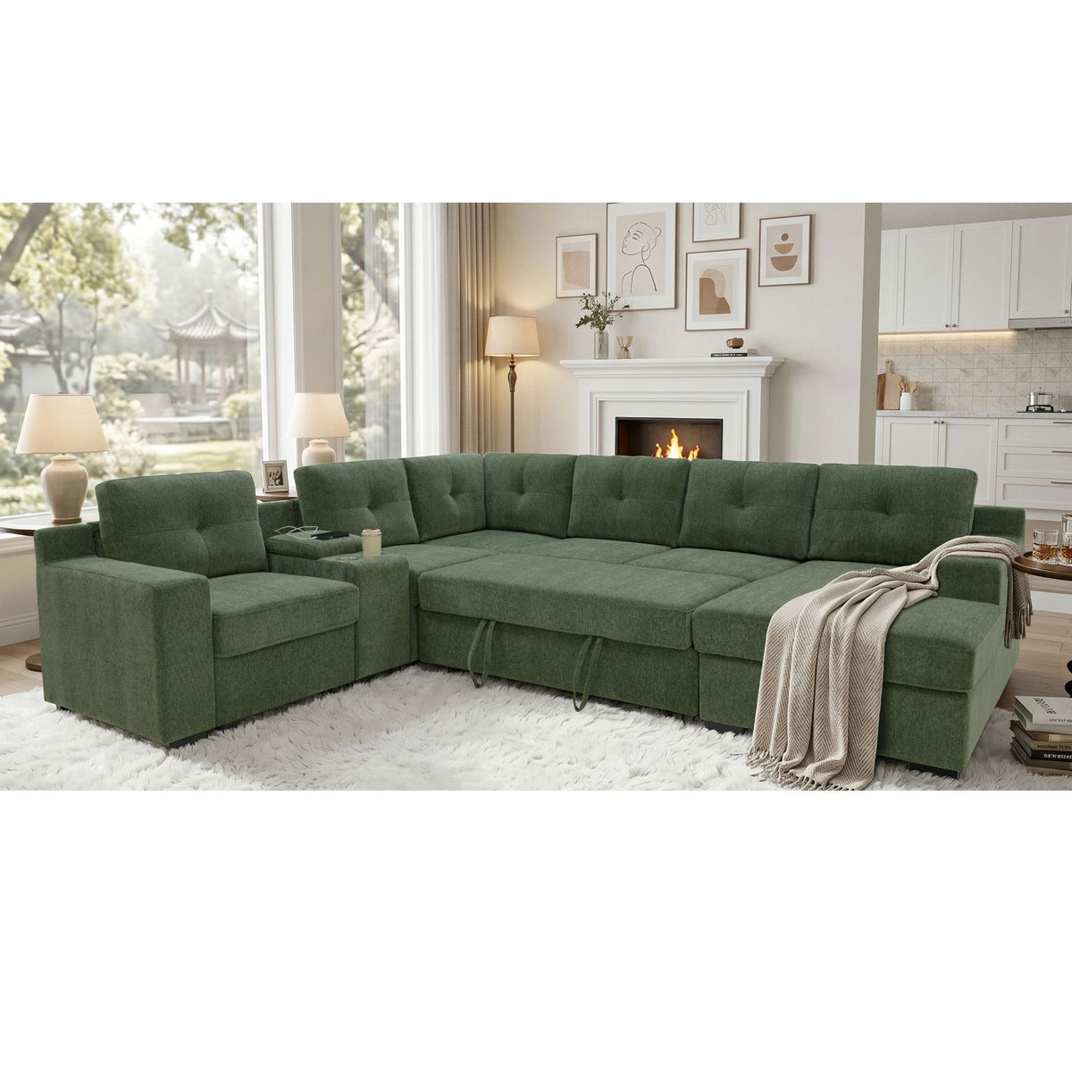 U - Shape Sectional Pull Out Bed With Console, Storage, And USB Charging