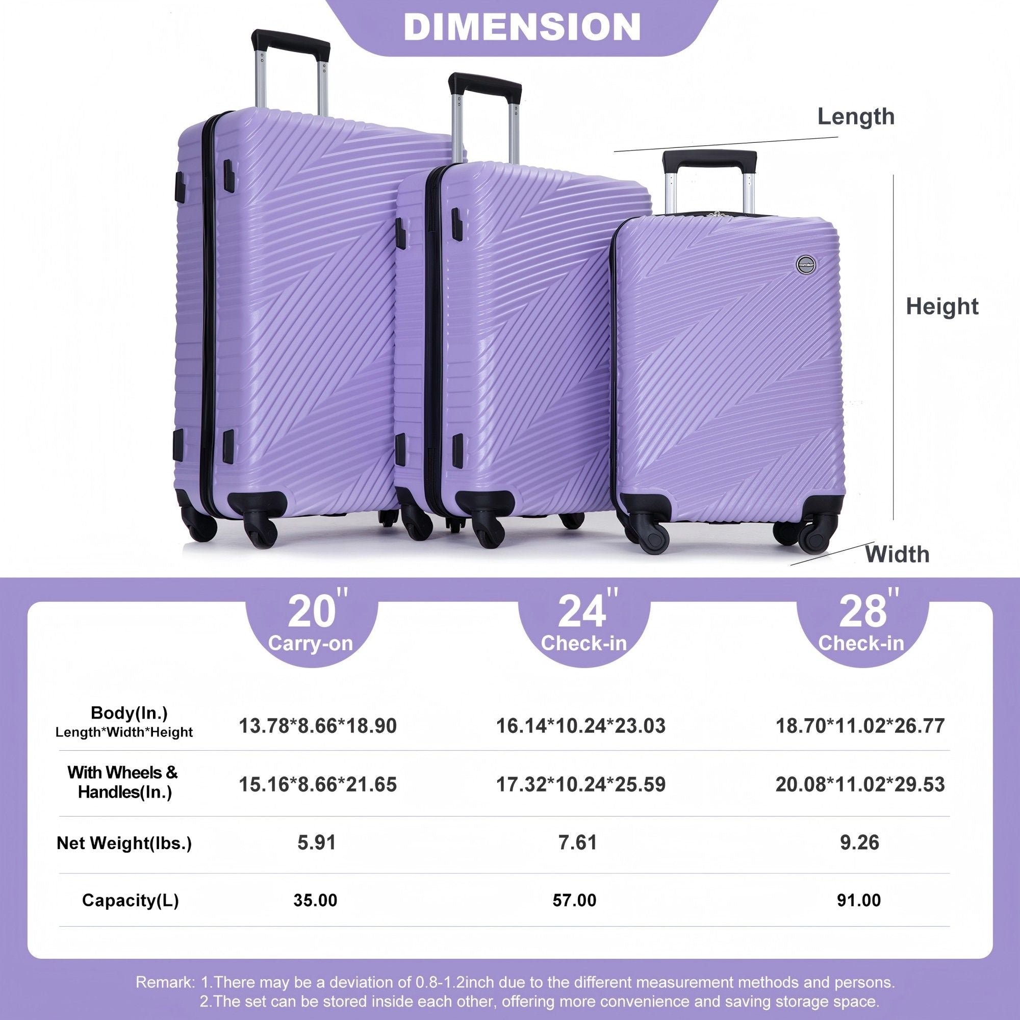 3 Piece Luggage Sets Lightweight Suitcase With Two Hooks, Spinner Wheels,