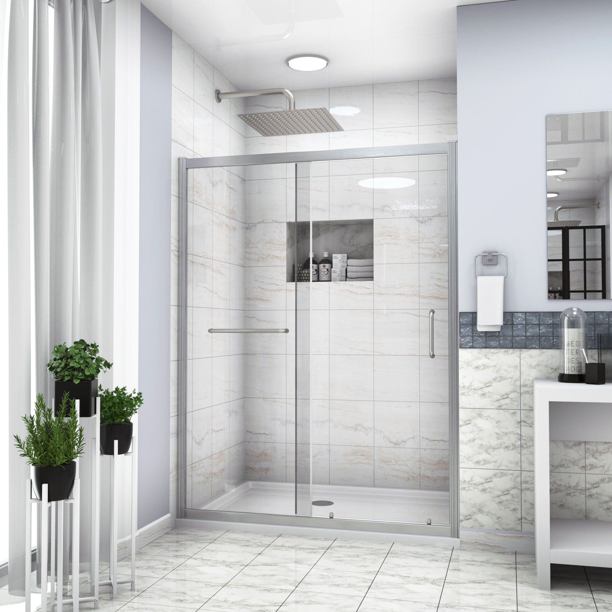 Single Sliding Bypass Shower Door, Tempered Glass Enclosure