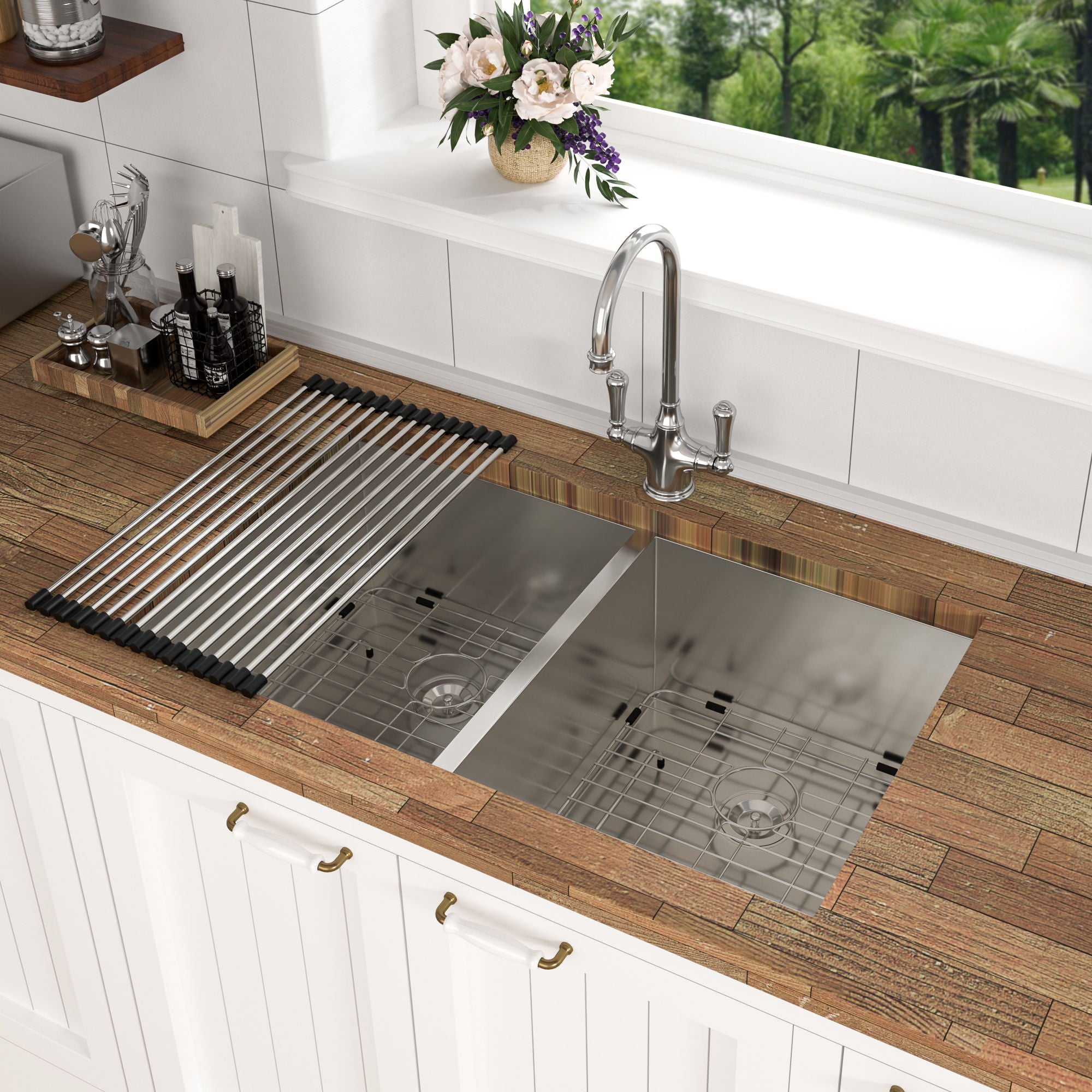 Undermount Double Bowl Kitchen Sink 16 Gauge With 9" Deep Basin - Brushed Nickel