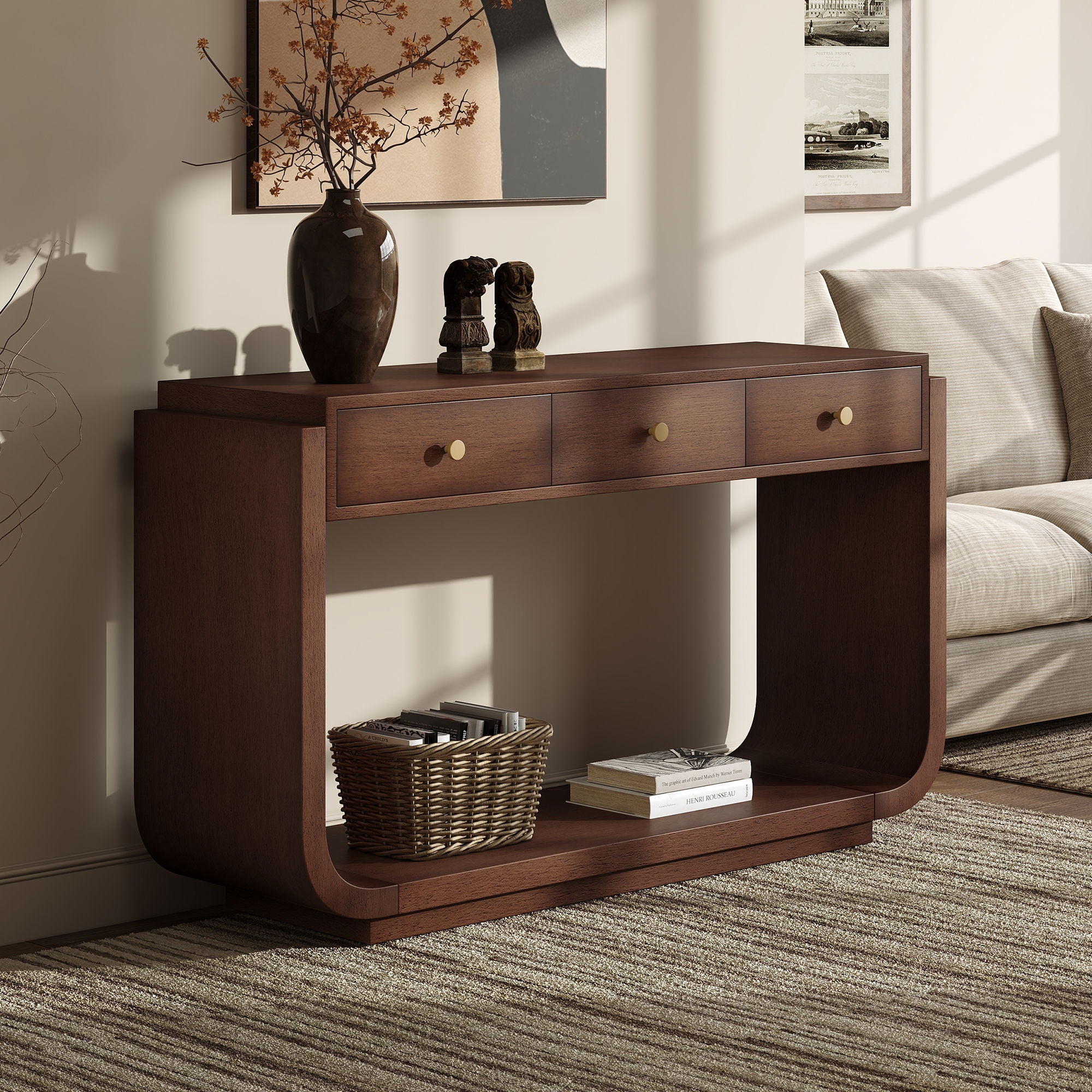 Console Table With 3 Drawers, Display Shelf, Curved Legs - Walnut