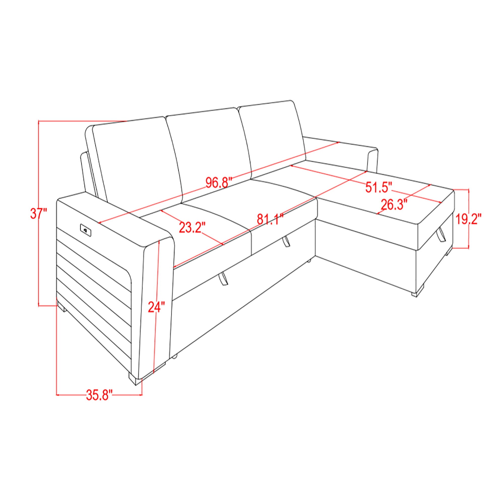Montero - Sofa With Pull Out Bed, Drop Down Table, USB And Cup Holders, Storage Chaise - Charcoal Black