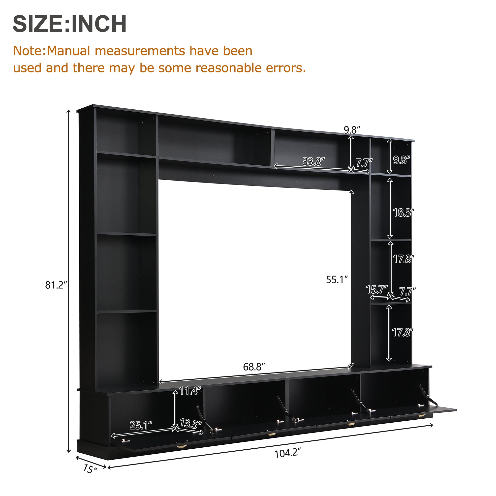 Large Wall Unit Entertainment Center with Bookshelves for TVs Up to 78" Modern TV Console with Cabinets and Open Shelves, 4-in-1 TV Stand with Golden Handles, Black, 104.2&