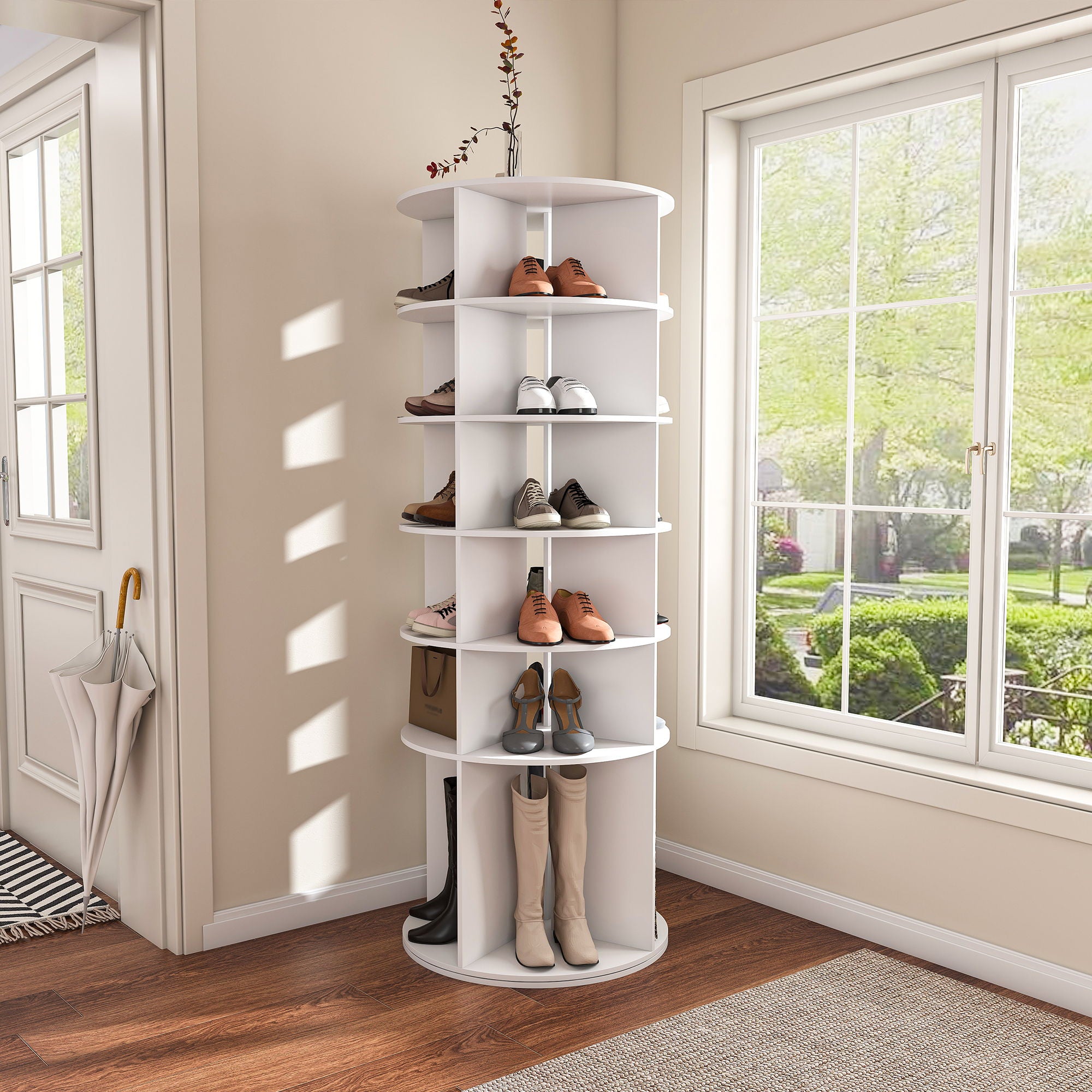 6 Tier Spinning Shoe Rack, Free Standing 360° Revolving Shoe Organizer - White