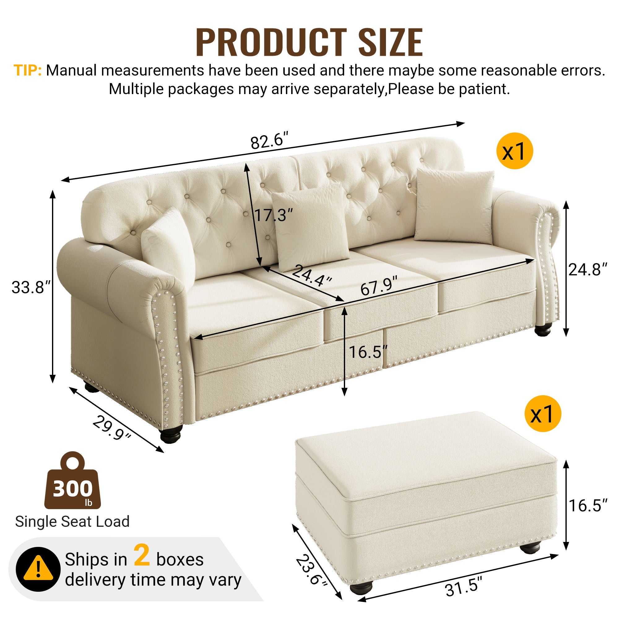 Upholstered 3 Seater Sofa Set With Ottoman