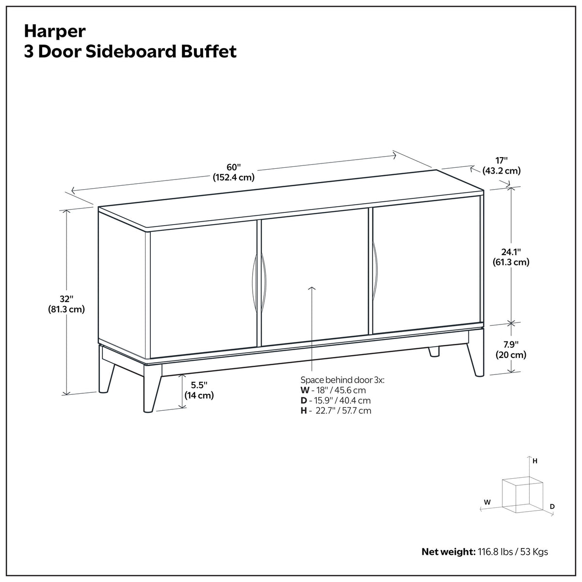 Harper - 3 Door Sideboard Buffet / Storage Cabinet - Walnut Brown