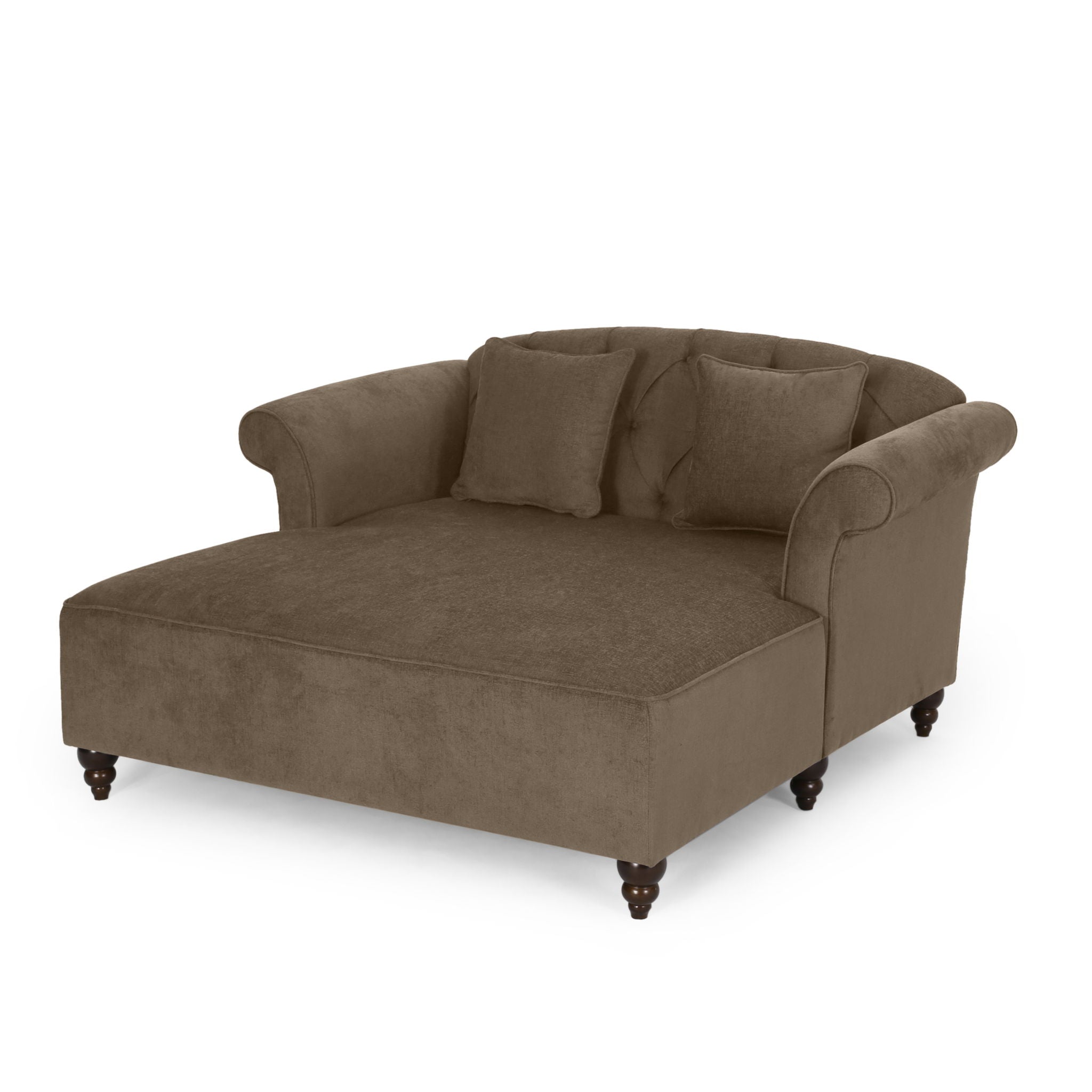 Upholstered Chaise Lounge With Scroll Arms, Turned Legs And 2 Pillows