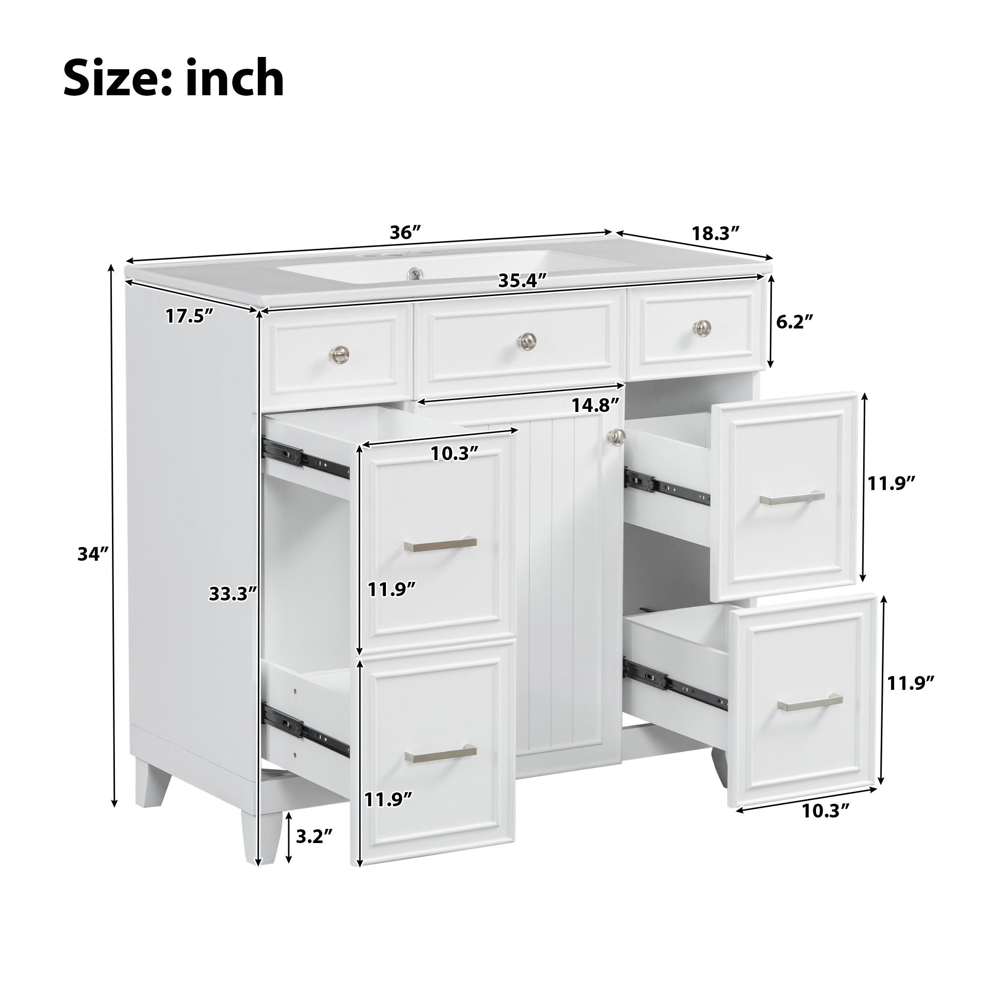 Bathroom Vanity With Ceramic Sink, Soft Close Doors, Adjustable Shelves