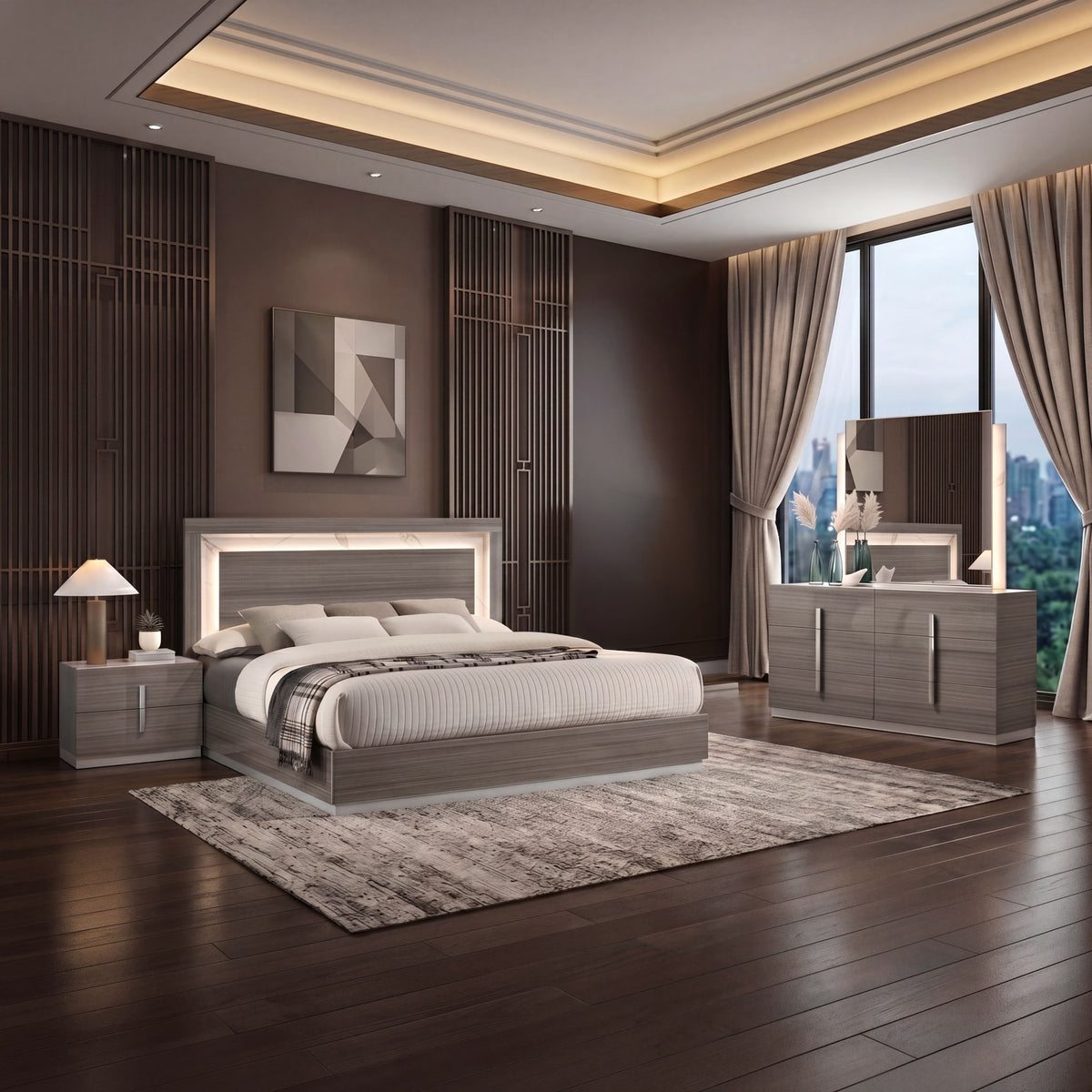 Altima - 4 Piece King Bedroom Set With LED Headboard - Gray