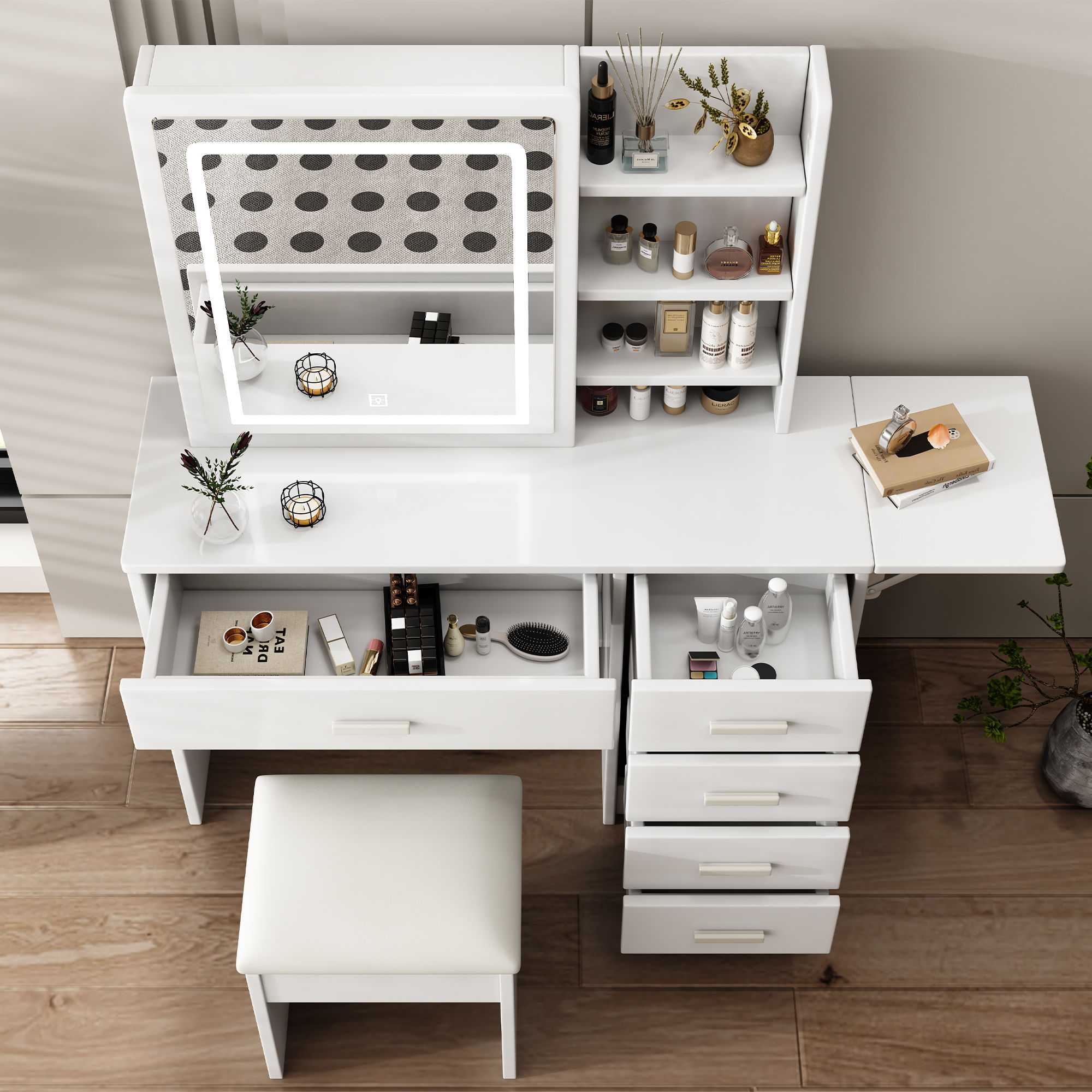 Fashion Vanity Desk With Mirror And Lights For Makeup, 5 Drawers, Adjustable Lighting - White