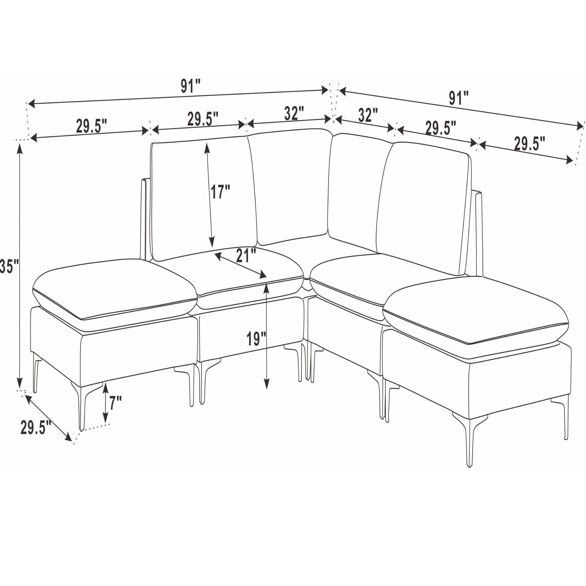 Upholstered Modular Sectional With Tall Legs, Medium Firm Seat