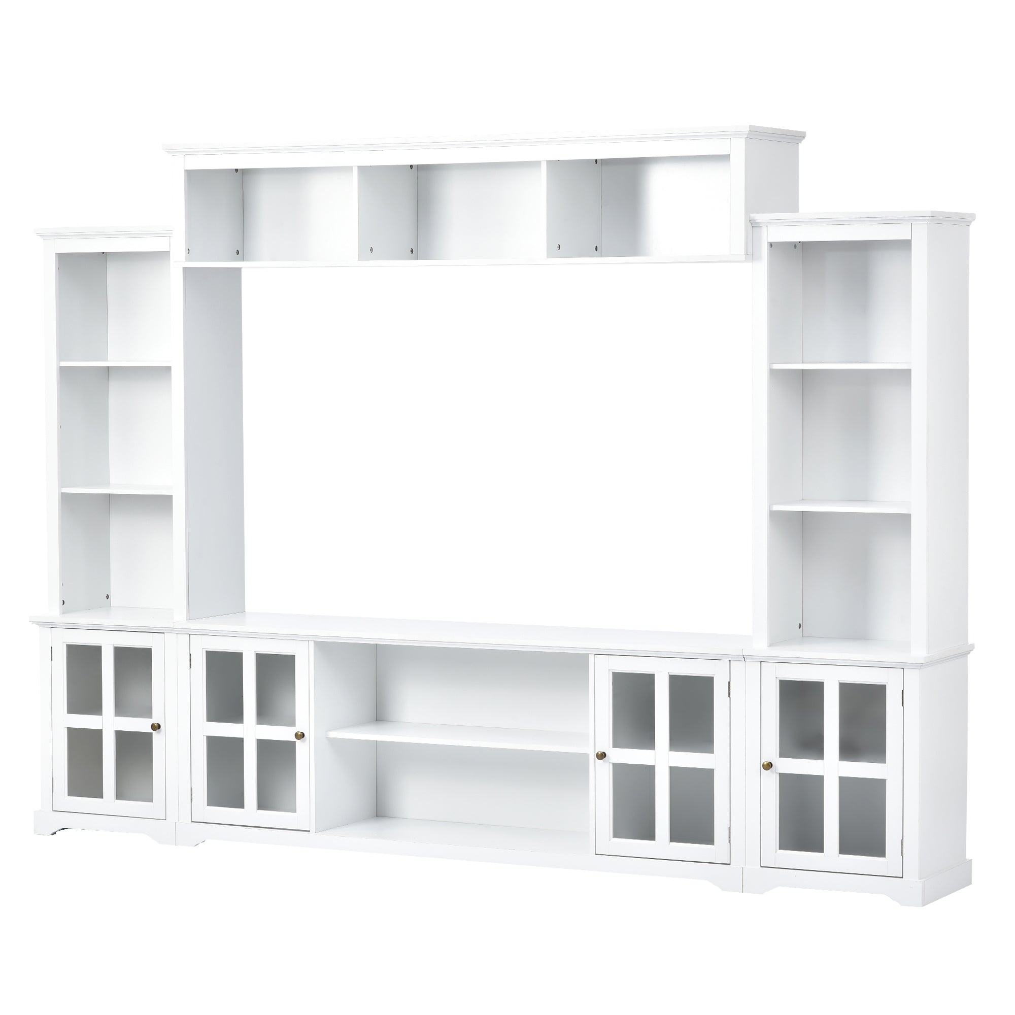 ON-TREND Minimalism Style Entertainment Wall Unit with Bridge, Modern TV Console Table for TVs Up to 70", Multifunctional TV Stand with Tempered Glass Door, White