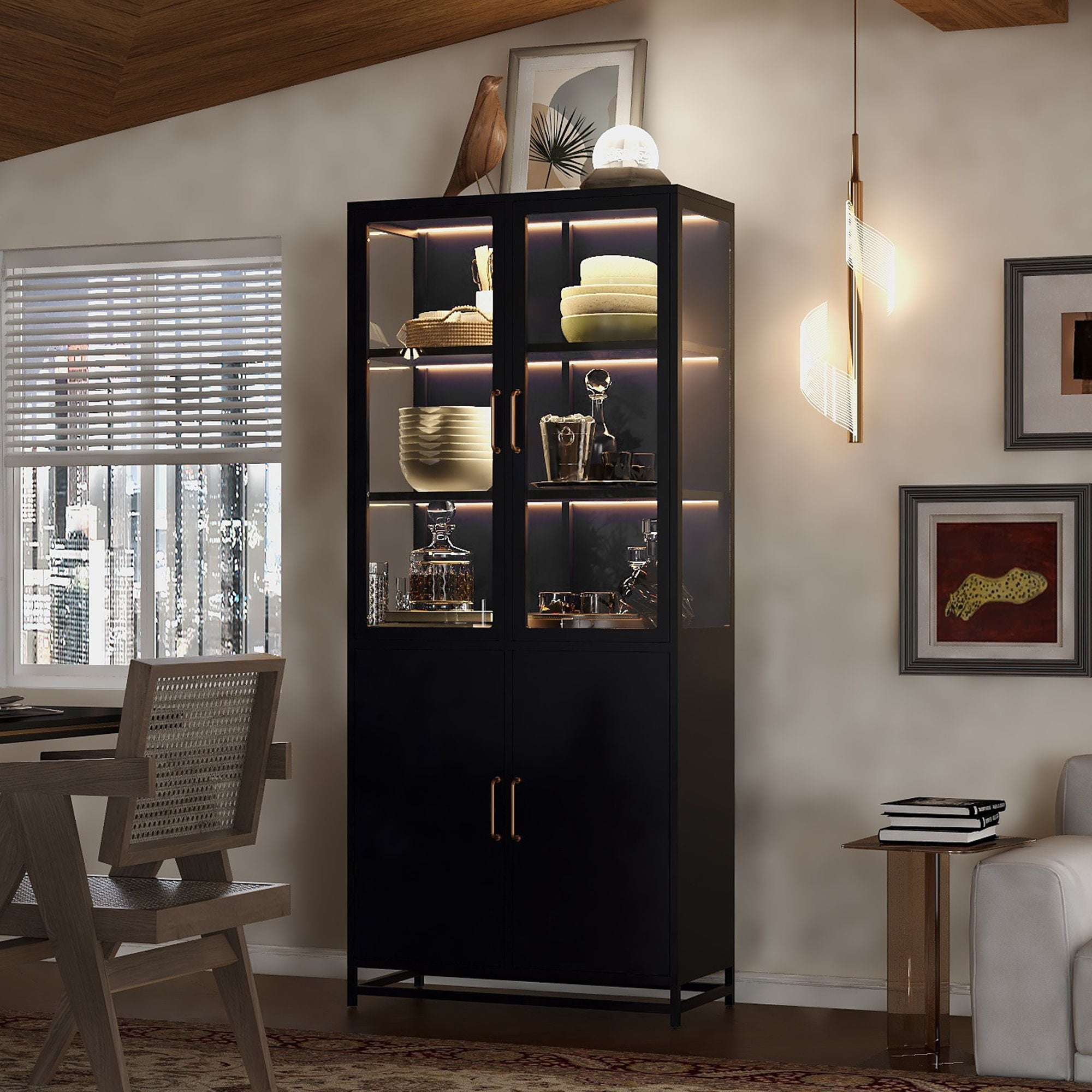 Modern Style Tall Steel Display Cabinet With Double Glass Doors, LED Lights