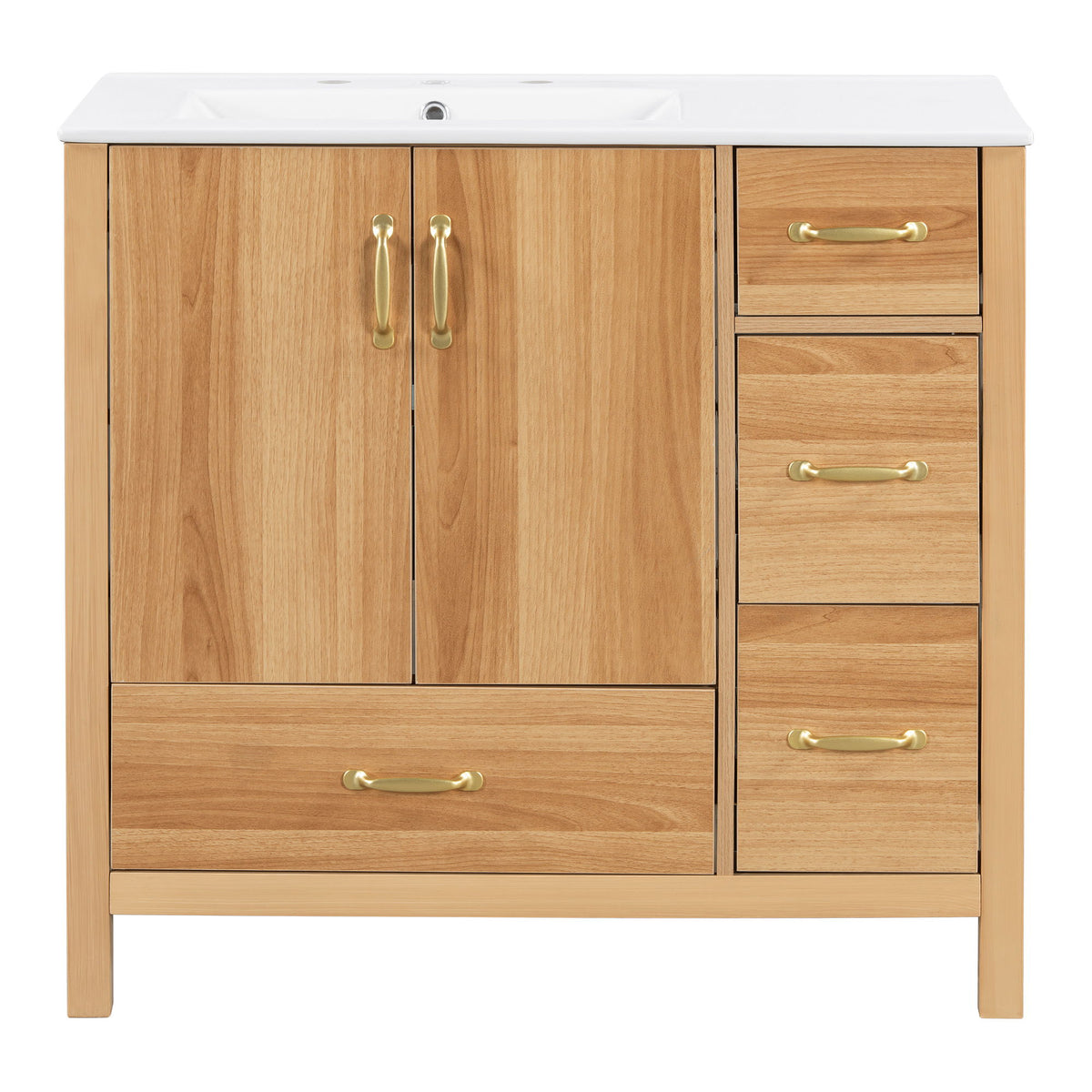 36" Bathroom Vanity, 2 Soft Close Doors, 4 Soft Close Drawers, Adjustable Shelf, Storage Cabinet - Acacia Wood