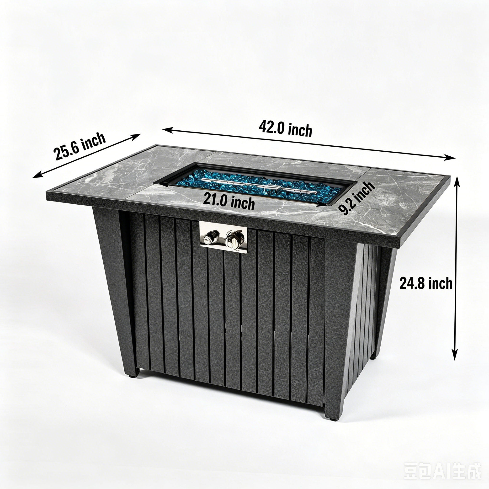 Morden Steel Fire Pit Table With Marble Tile Tabletop, Glass Wind Guard And Lid