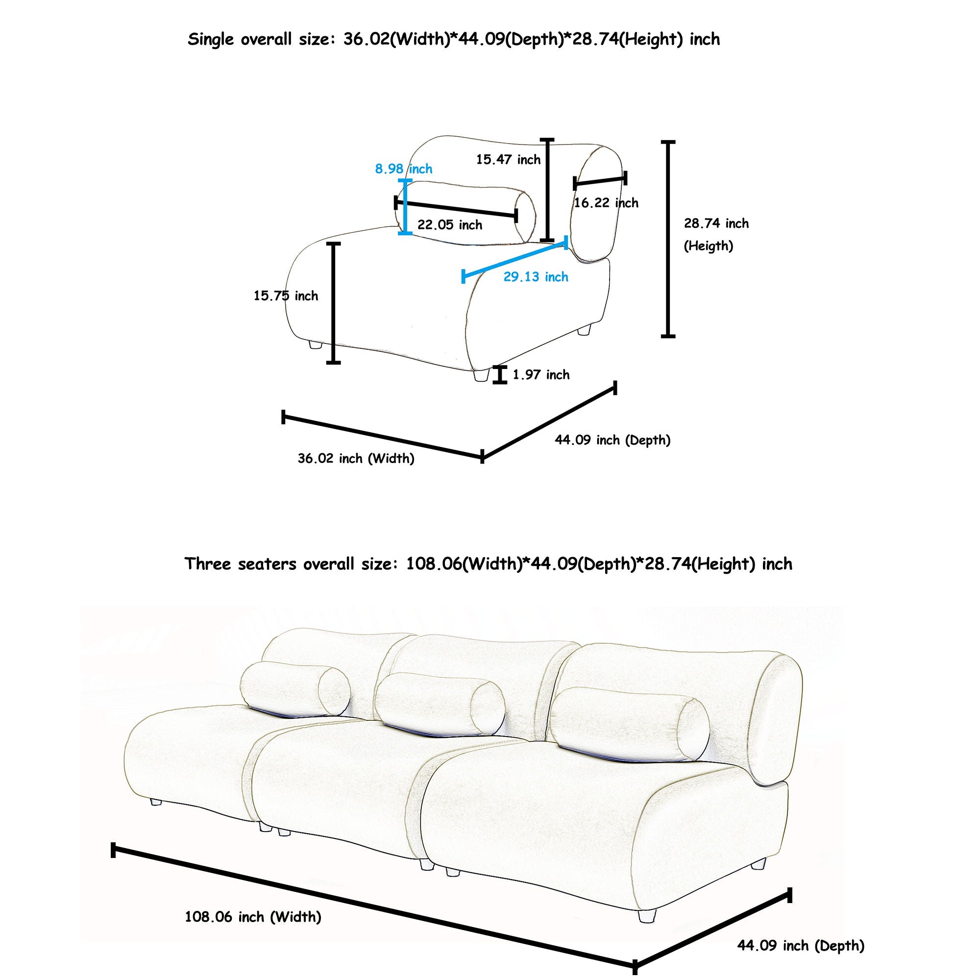 Contemporary Modular 3 Seat Sectional With Deep Seating, Soft Backrest