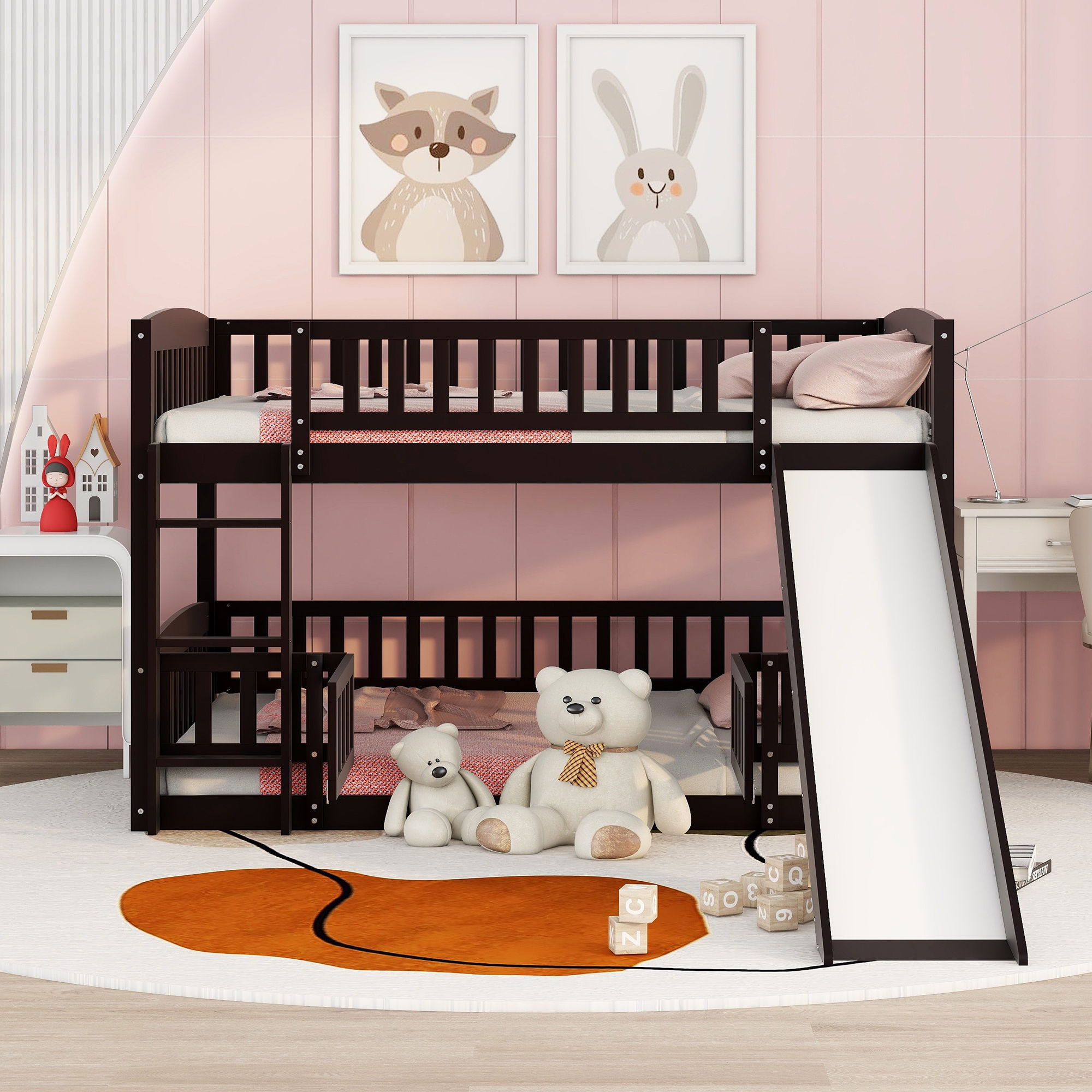 Low Bunk Bed With Slide, Fence And Ladder