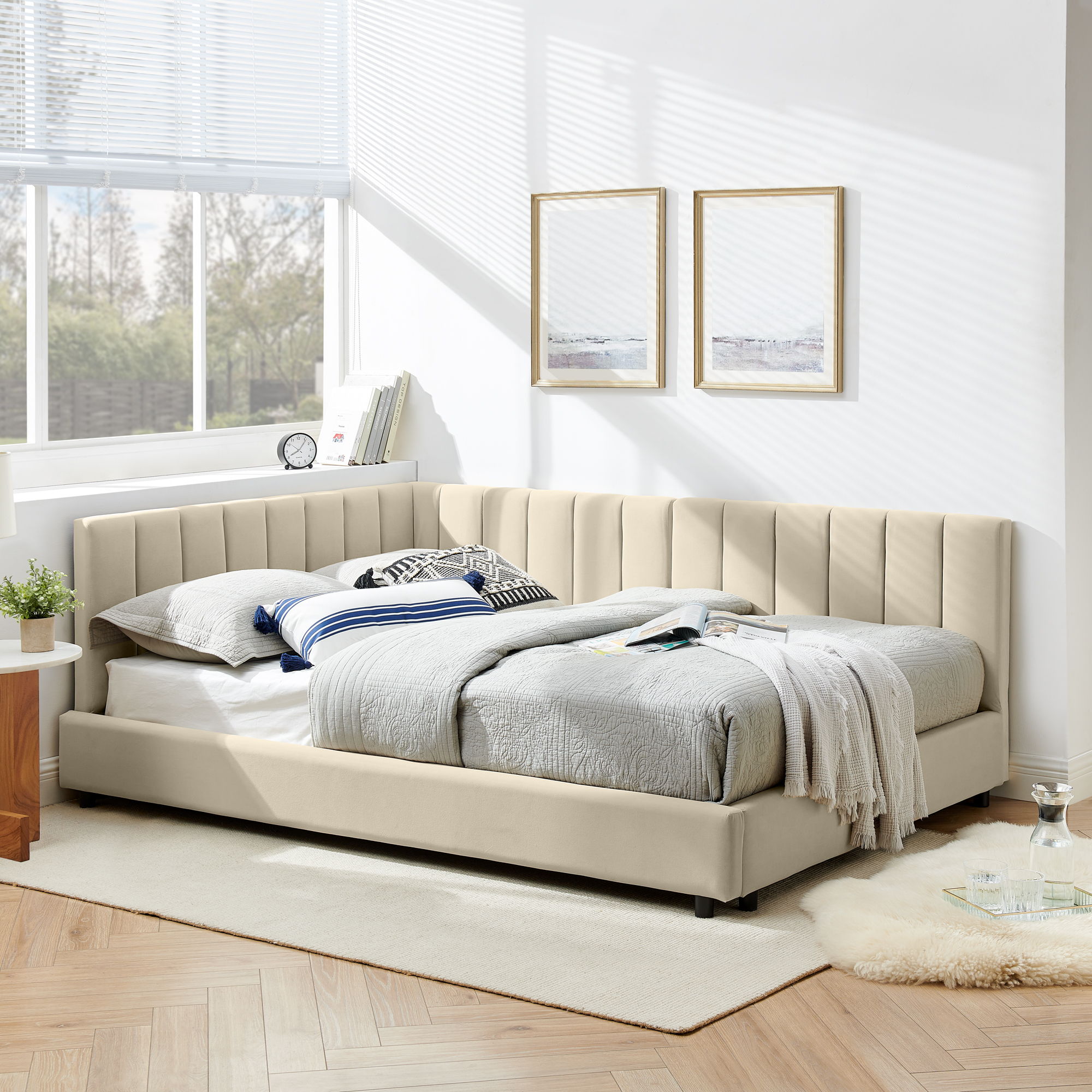 Mid-Century Upholstered Tufted Bed Frame With Backrest And Armrests