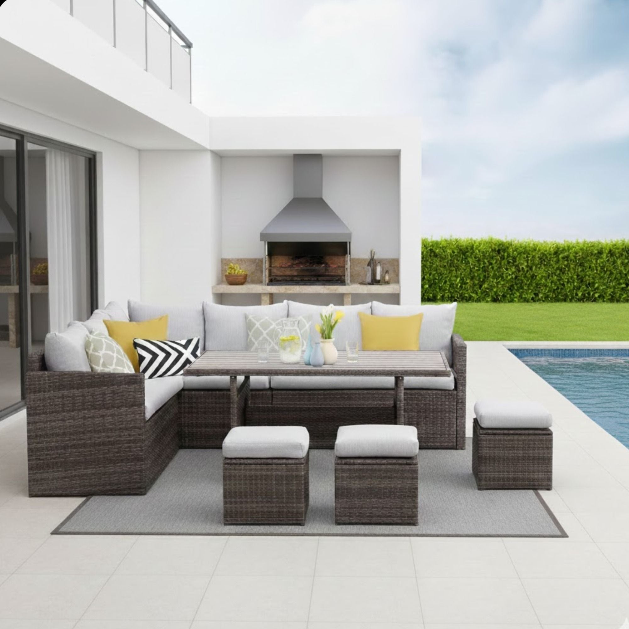 7 Piece Outdoor Dining Set With Cushions, Modular Sectional Sofa And Table