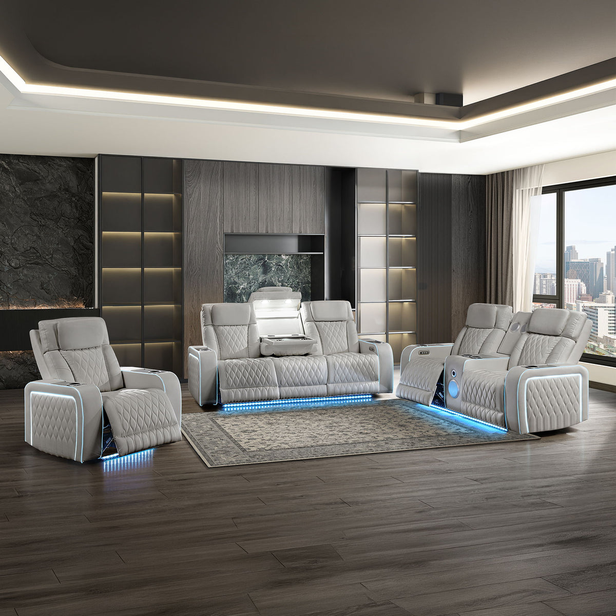 Electra - 3 Piece Power Reclining Sofa, Loveseat And Recliner Set With Power Headrests, Massage And LED Lighting