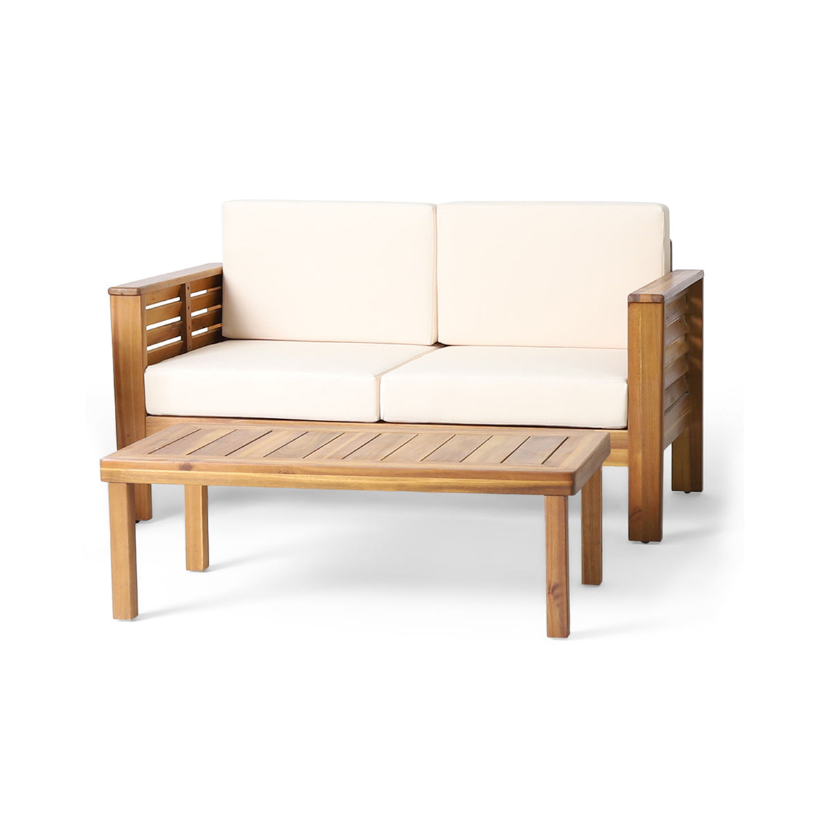 Acacia Wood Loveseat And Coffee Table Set With Cushions