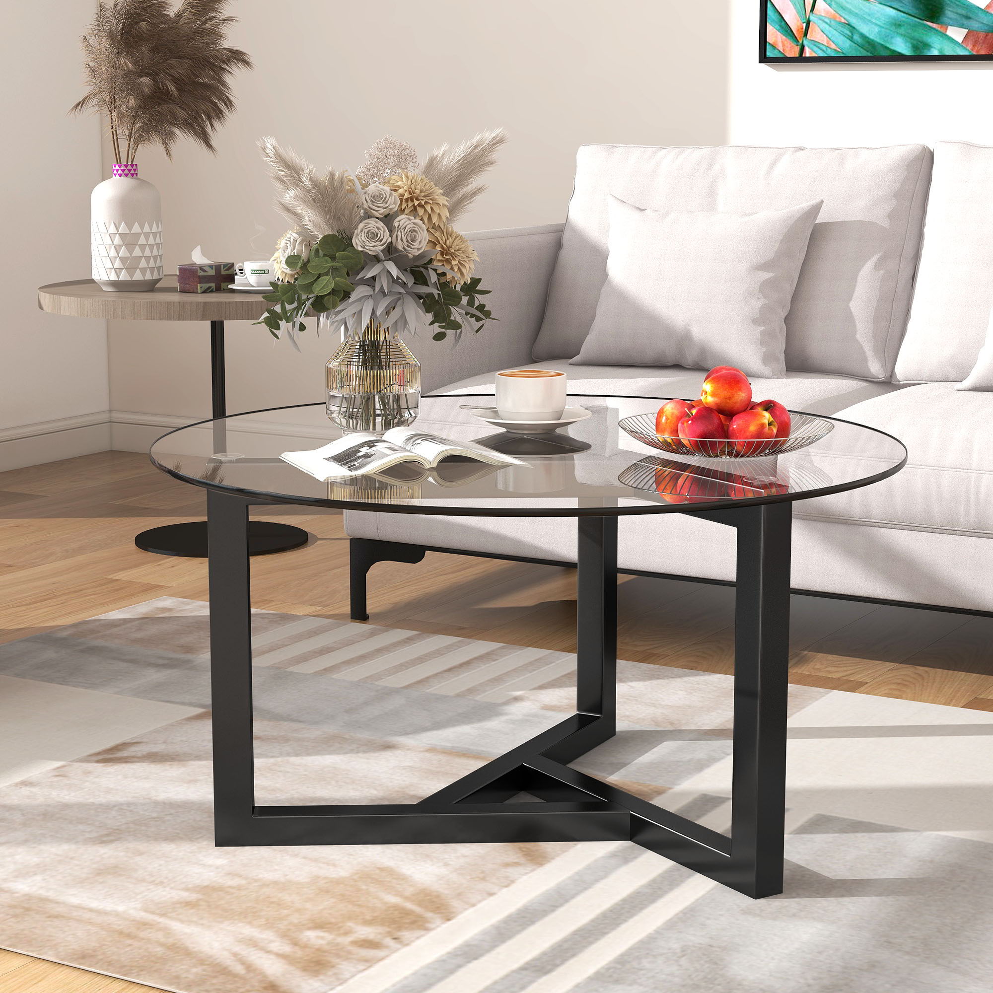 Round Glass Coffee Table Modern Cocktail Table