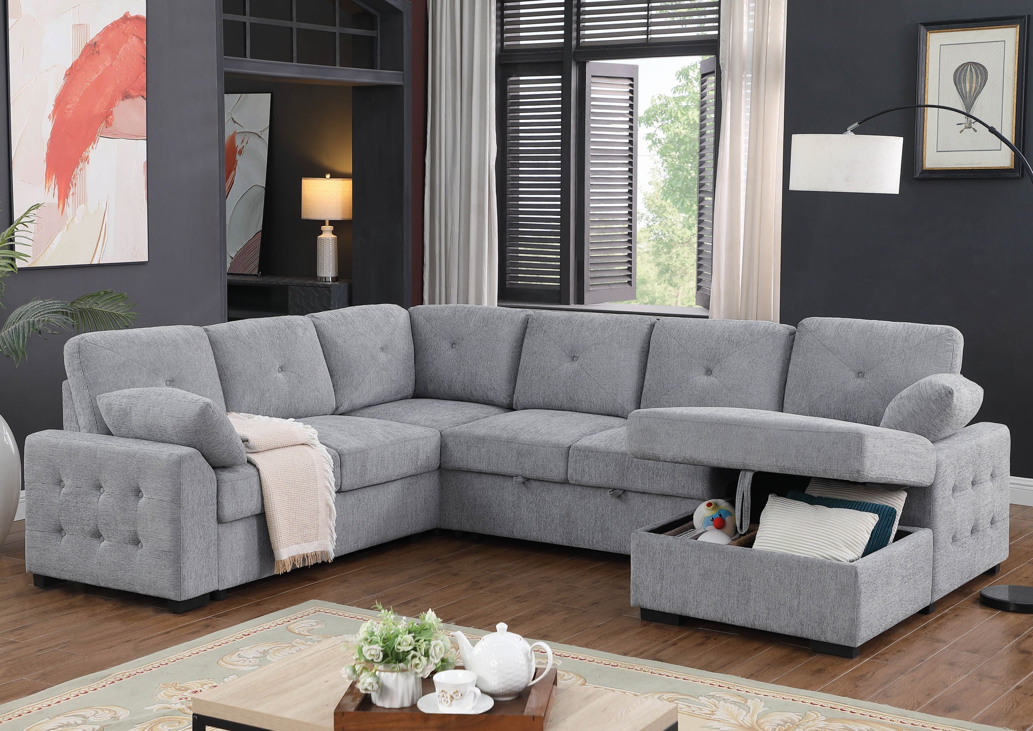 Nyhan - Upholstered Corner Sectional With Pull Out Loveseat And Storaged Chaise