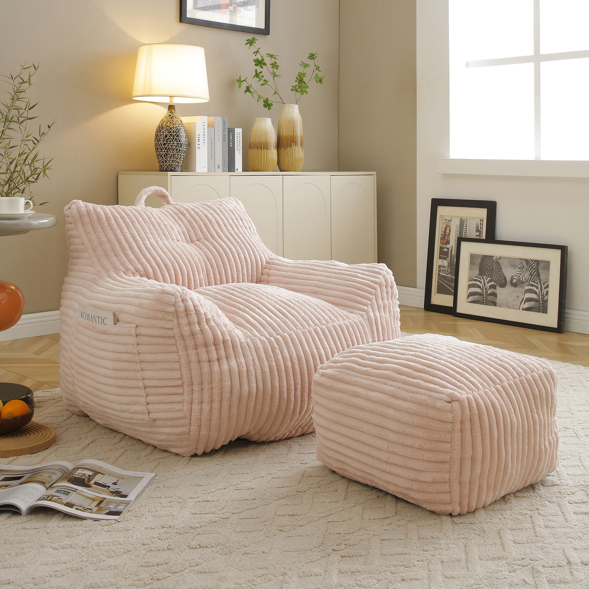 Giant Plush Bean Bag Chair With Armrests And Footstool