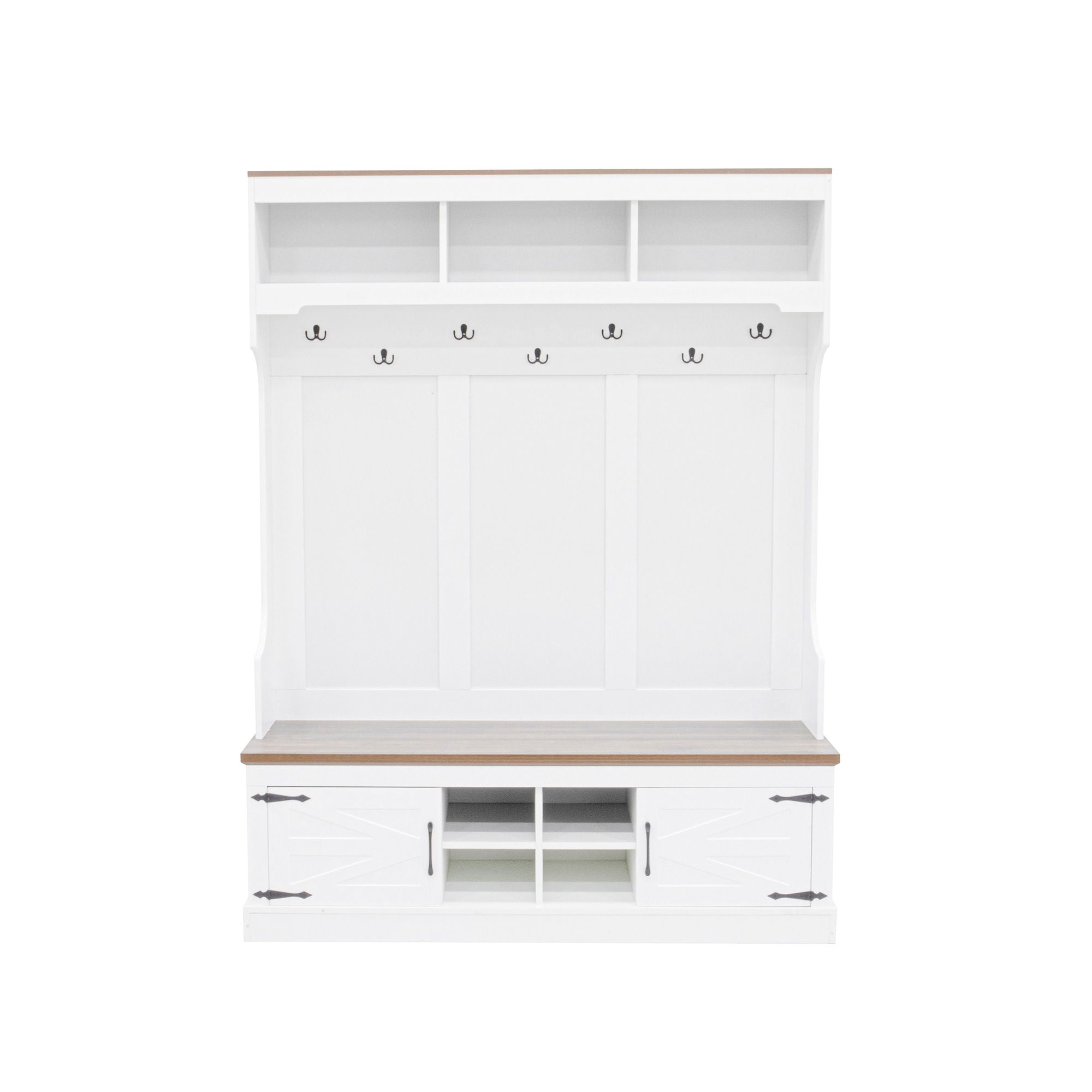 Hall Tree With Bench And Shoe Storage, 5 In 1 Entryway Organizer Cabinet With Coat Rack, 4 Shoe Cubbies & 7 Hooks - White