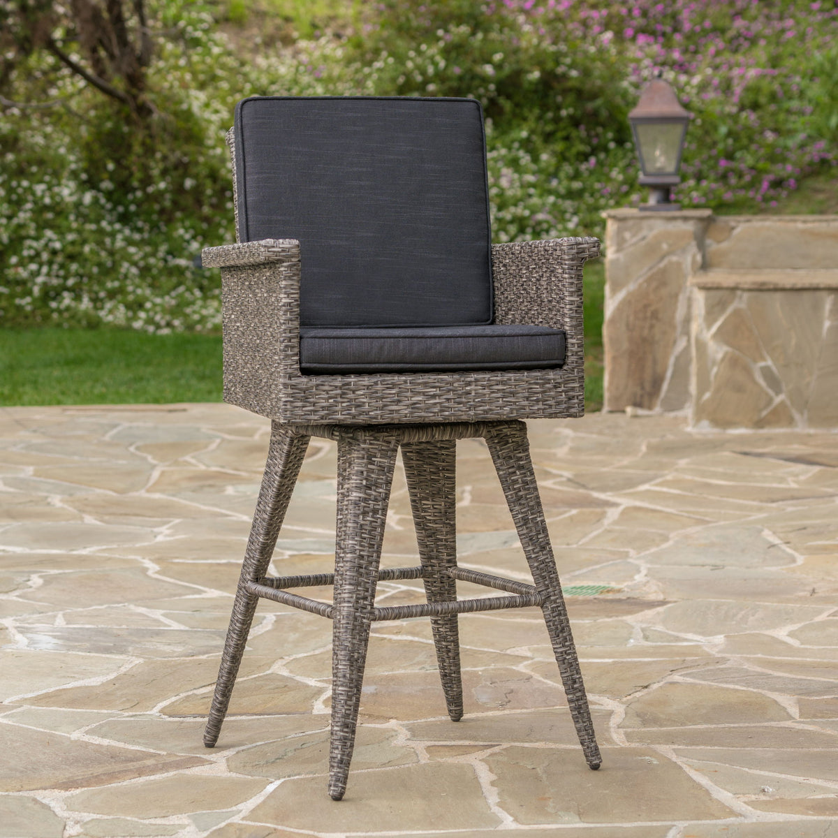Outdoor Rattan Swivel Barstool With Water Resistant Cushion - Black / Gray