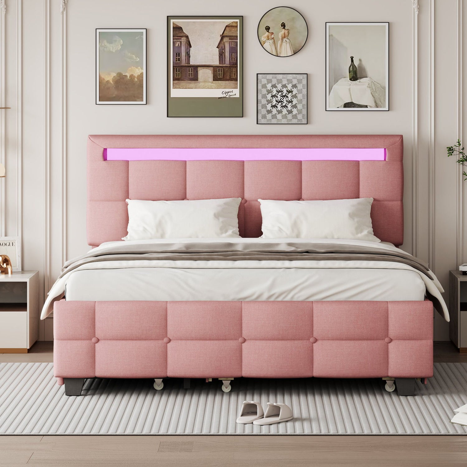 Upholstered Platform Bed With LED Frame, With Trundle And 2 Drawers