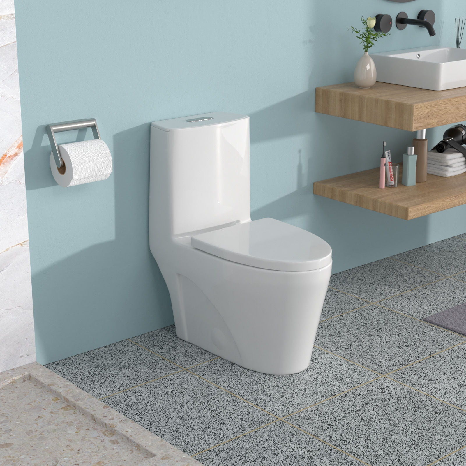 1 Piece Toilet For Bathroom, Dual Flush 1.24 / 1.6 Gpf, Soft Closing Seat - White