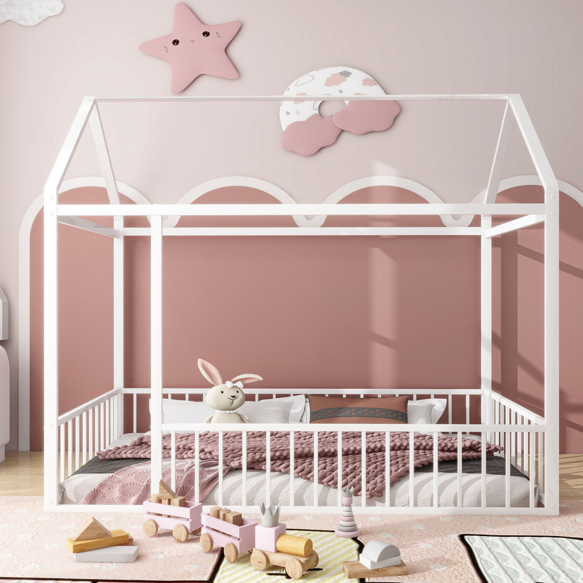 Metal Bed House Bed Frame With Fence