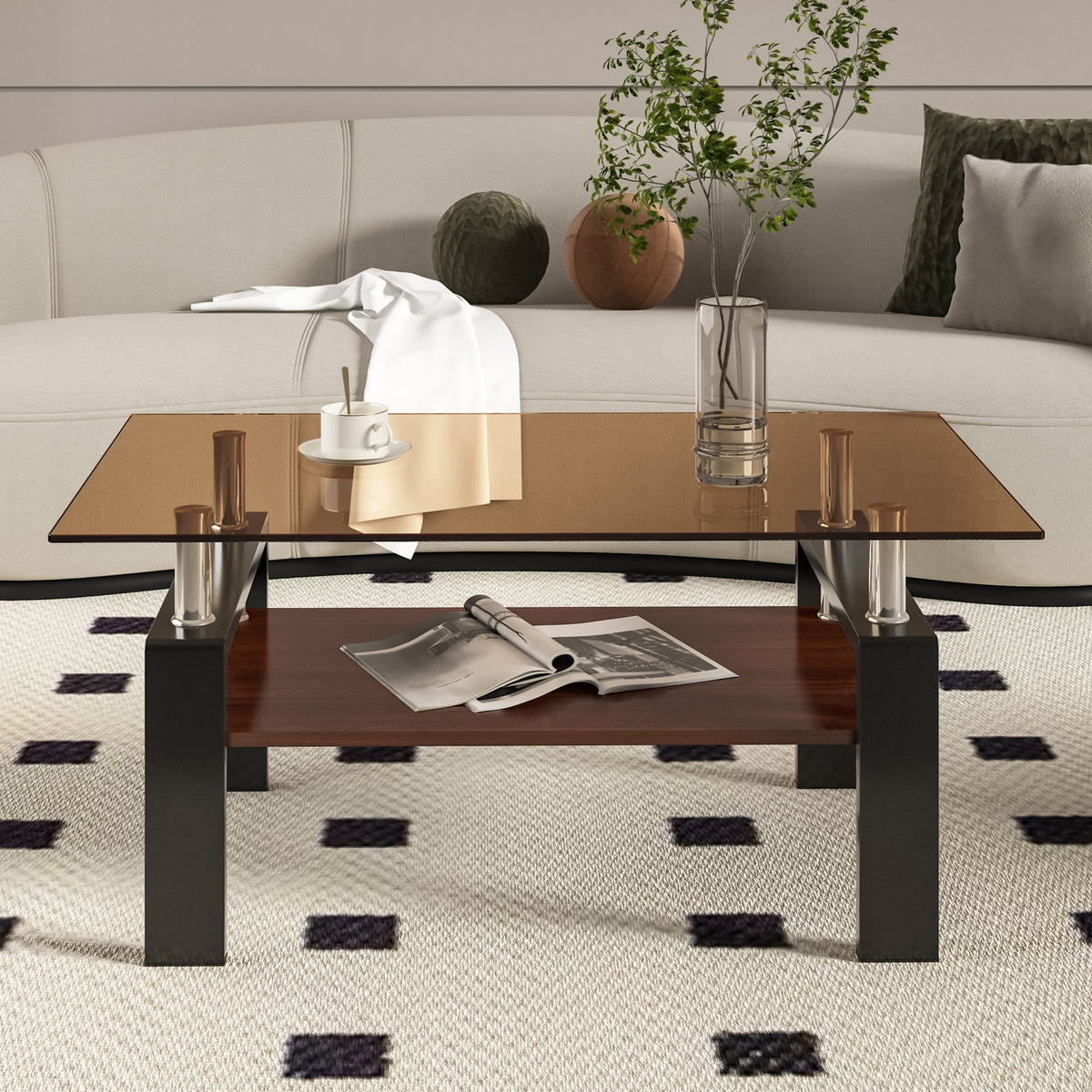 Modern Rectangular Coffee Table With Tempered Glass Top