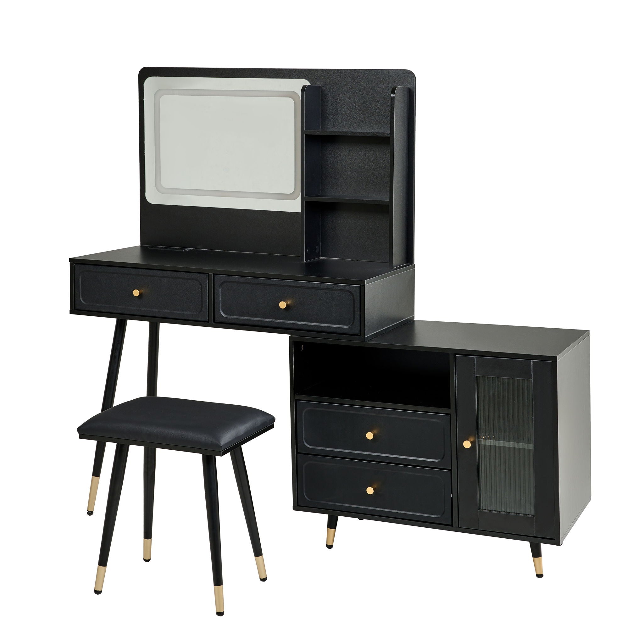 Modern Makeup Vanity Desk With Mirror And Lights Retractable Design Engineered Wood - Black