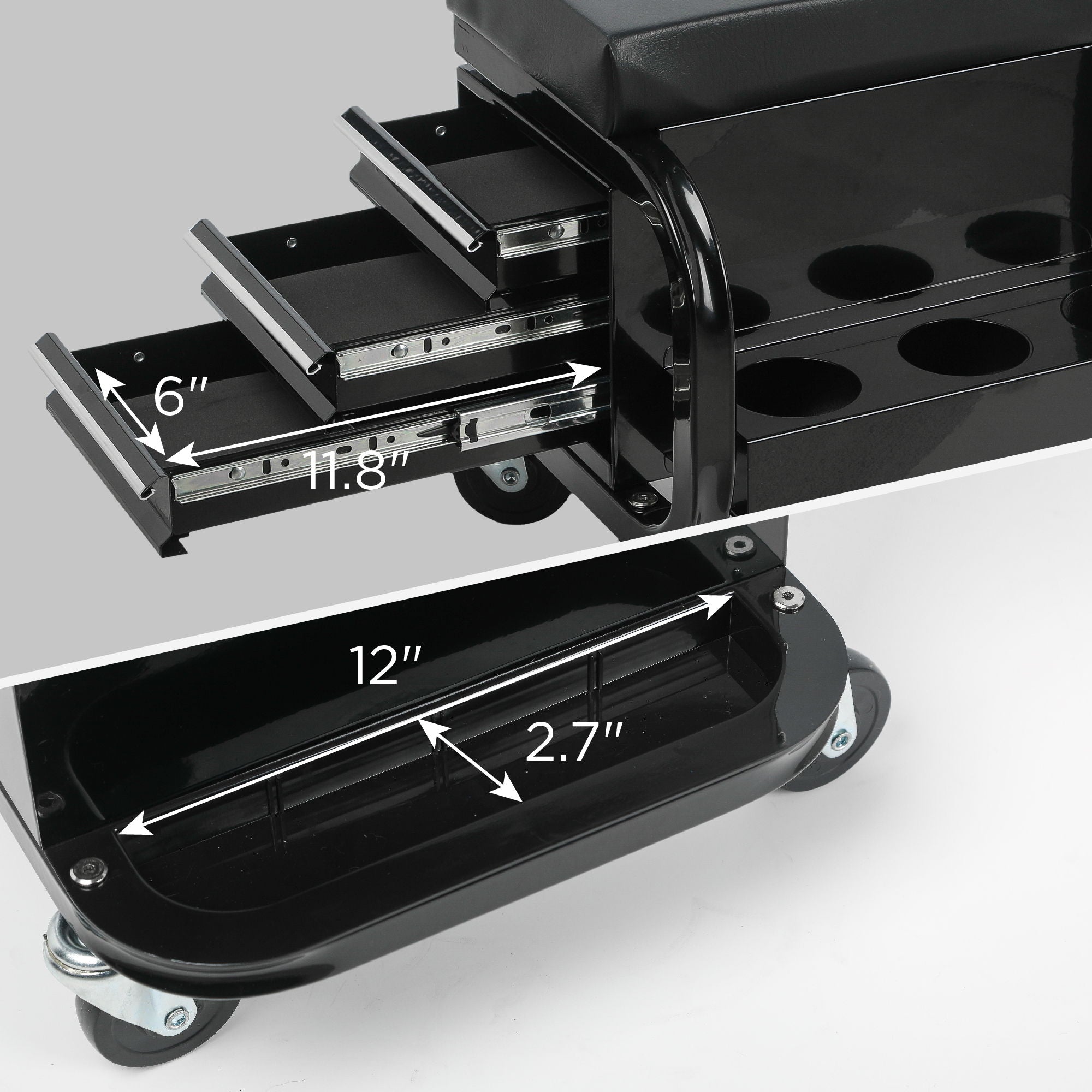 Rolling Creeper Garage Seat With 3 Built In Drawers, Rolling Tool Chest For Shop Or Garage - Black