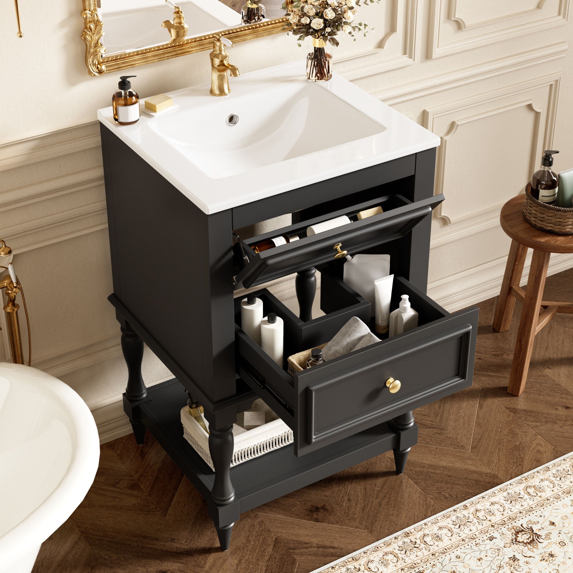 Retro Design Bathroom Vanity With Sink, 2 Drawer Storage Cabinet