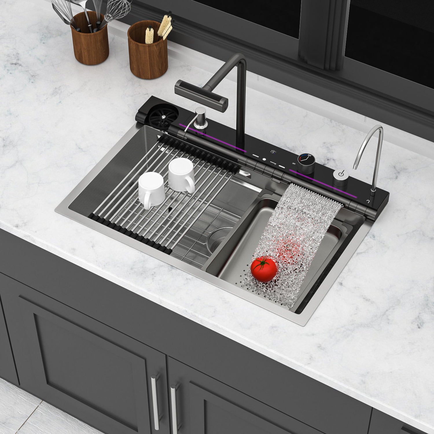 30" Single Bowl Kitchen Sink With Smart LED Faucet