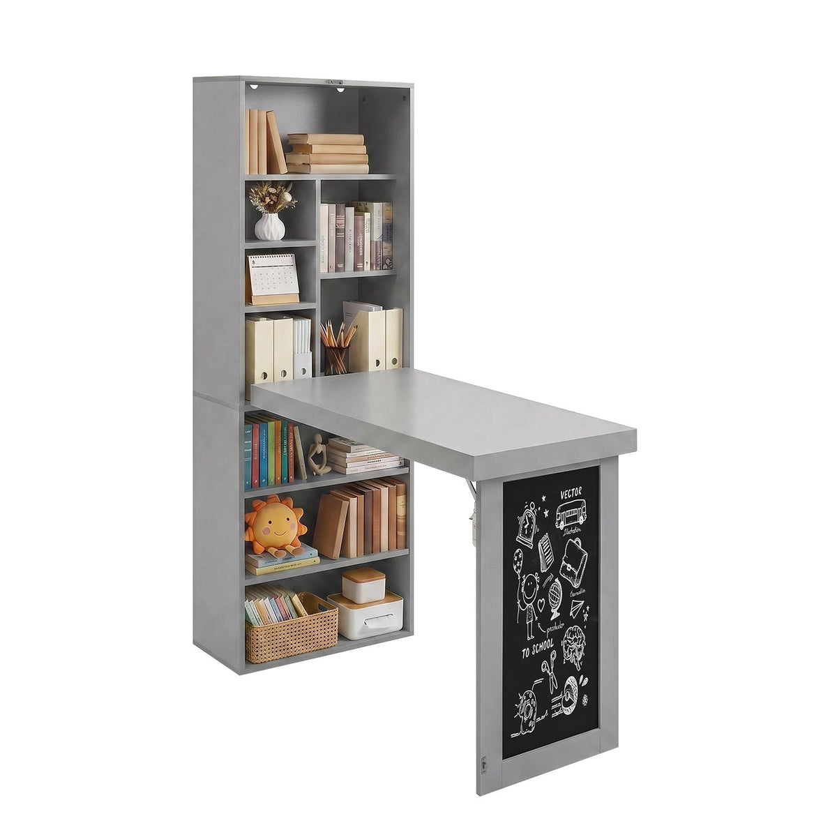 Folding Desk With Storage, Foldable Convertible Writing Table With Blackboard And Shelves For Home Office