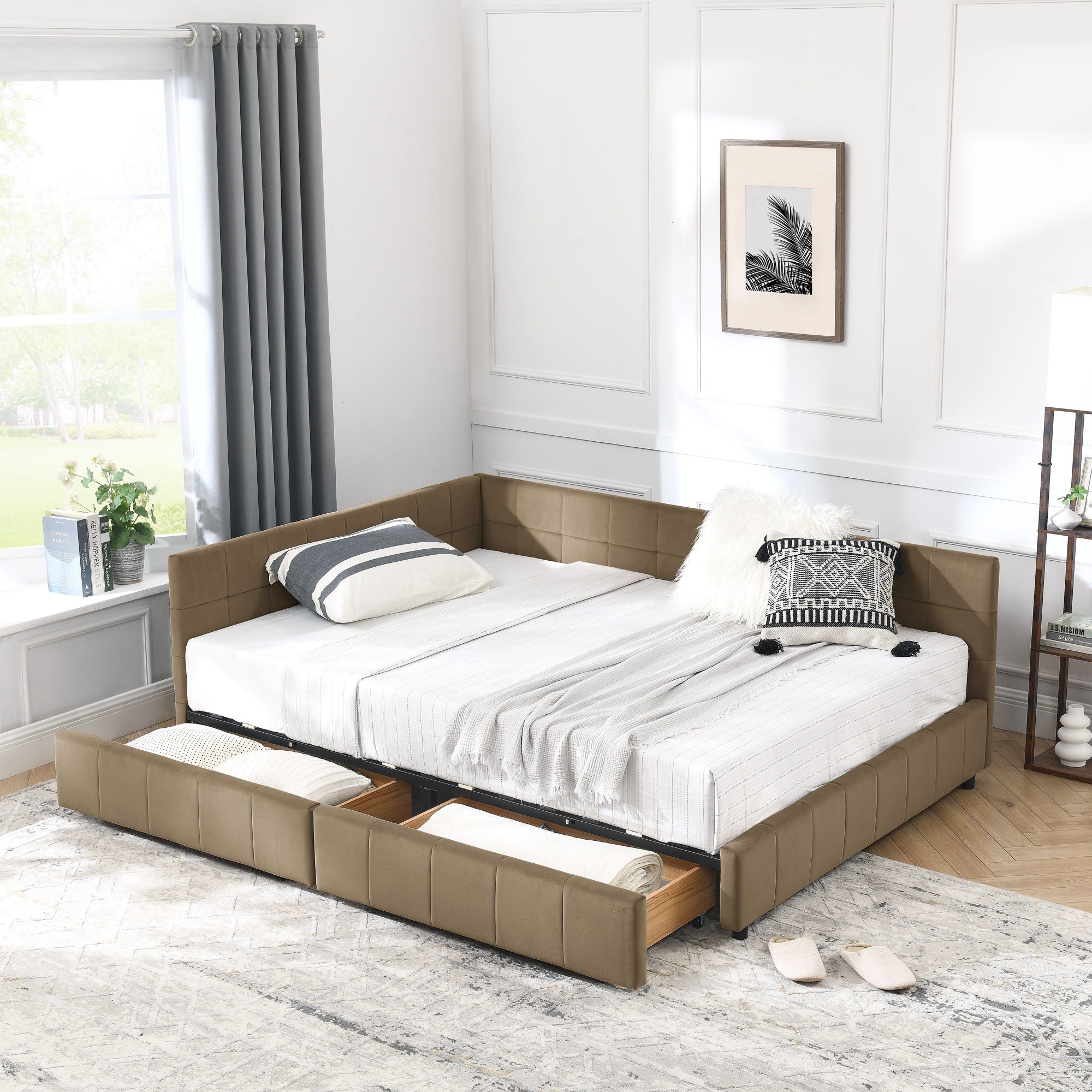 Mid-Century Storage Upholstered Tufted Bed Frame With Backrest And Armrests
