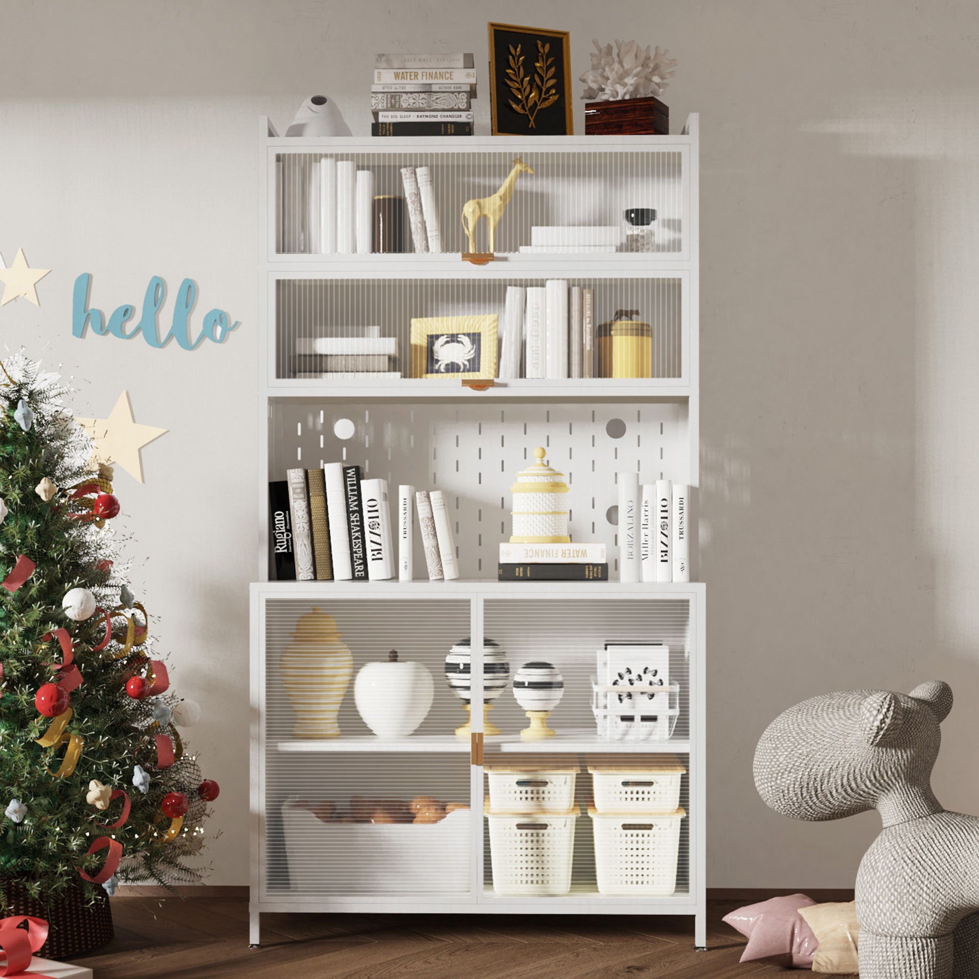 Tall Kitchen Pantry Cabinet With Flip Doors And Pegboard, Anti Tip Steel Storage Hutch