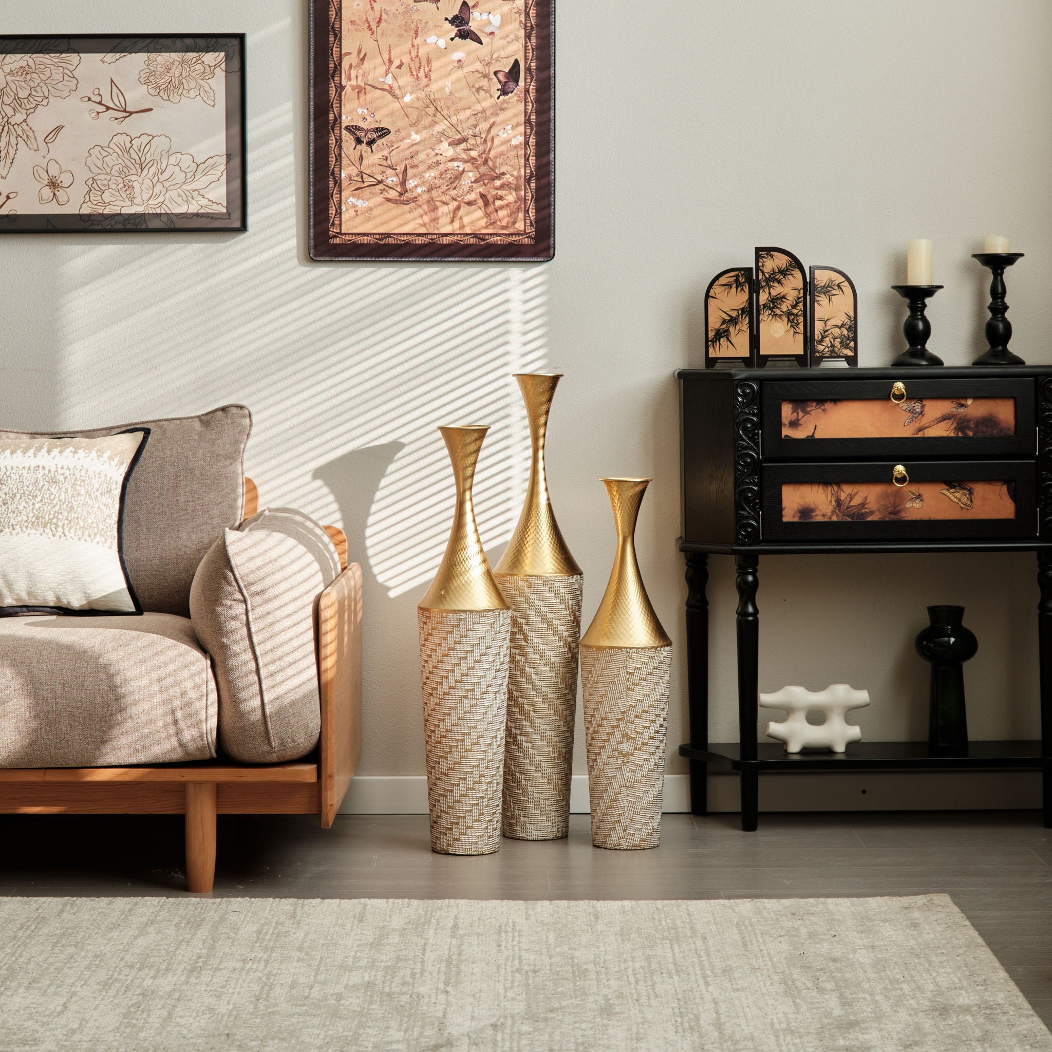 Floor Metal Vase Modern Style Decoration Home Woven Pattern Metal Vase 3 Piece Set Gorgeous Home Decoration Large Glazed Metal Vase - Champagne