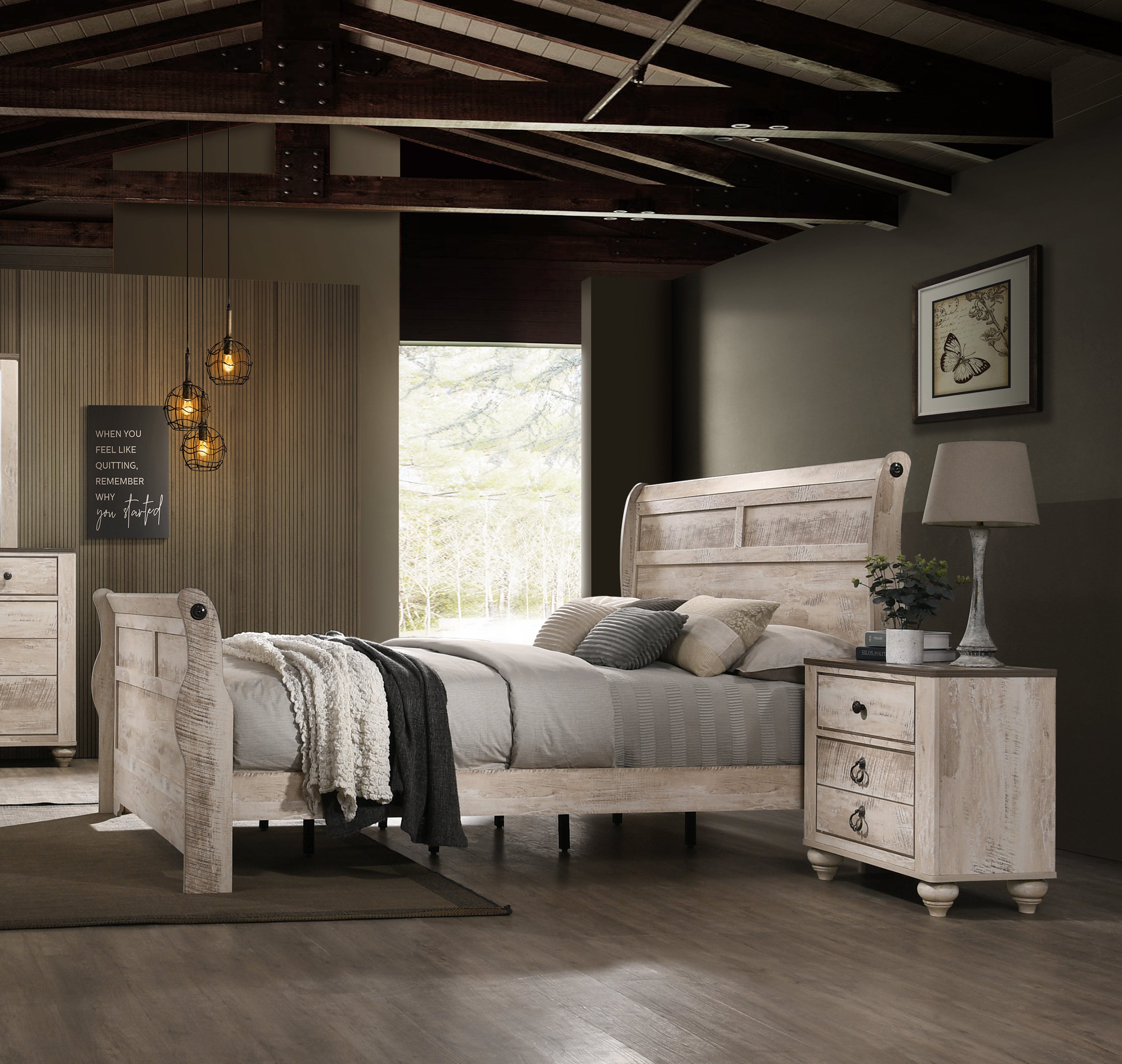 Imerland Contemporary White Wash Finish 3-Piece Bedroom Set-Sleigh Bed and Two Nightstands, King Size