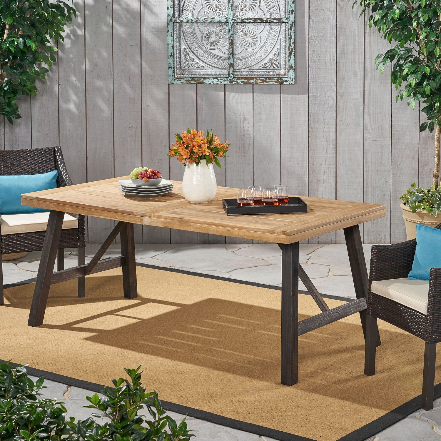 Outdoor Weather Resistant Dining Table With Slat Panel Design - Natural / Gray