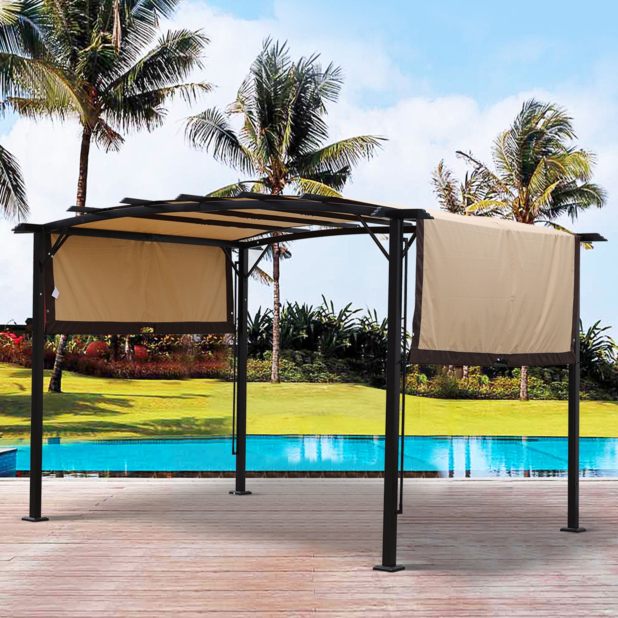 Outdoor Patio Pergola Gazebo - Steel Frame Sun Shelter With Retractable Canopy