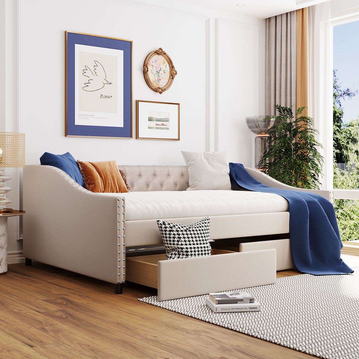 Upholstered Daybed With Two Drawers, Wood Slat Support